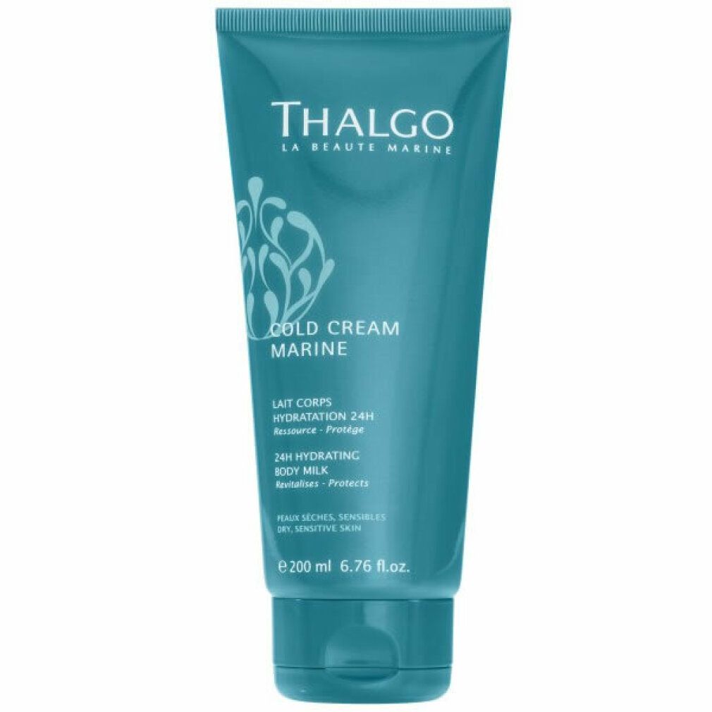Türkisblaue Tube mit weißer Schrift. Aufschrift: THALGO, COLD CREAM MARINE, 24H Hydrating Body Milk. Für trockene, empfindliche Haut.