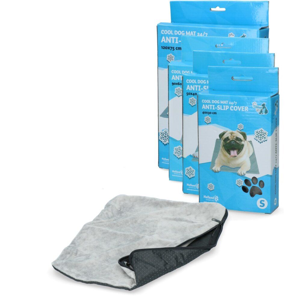 Hundematte mit Anti-Rutsch-Bezug und Verpackungen. Größe: 120x75cm. Hellgraue Oberfläche, schwarzer Reißverschluss. Blaue Verpackungen mit Produktname und Hundeabbildung.