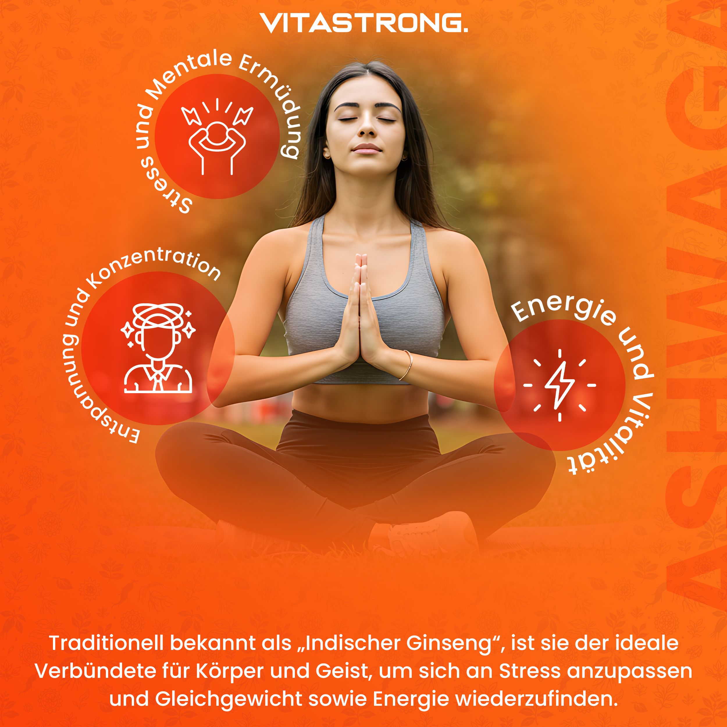 Frau in Yoga-Pose. Kreise mit Symbolen für Stress, Konzentration und Energie. Hintergrund: orangefarben.