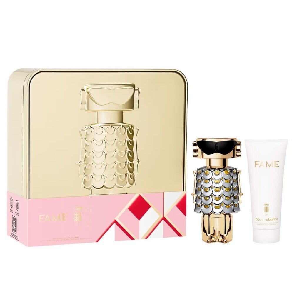 Geschenkset mit goldfarbener Dose, Parfümflakon und Tube. Flakon in Roboterform mit silbernen Schuppen. Rosa Akzente.