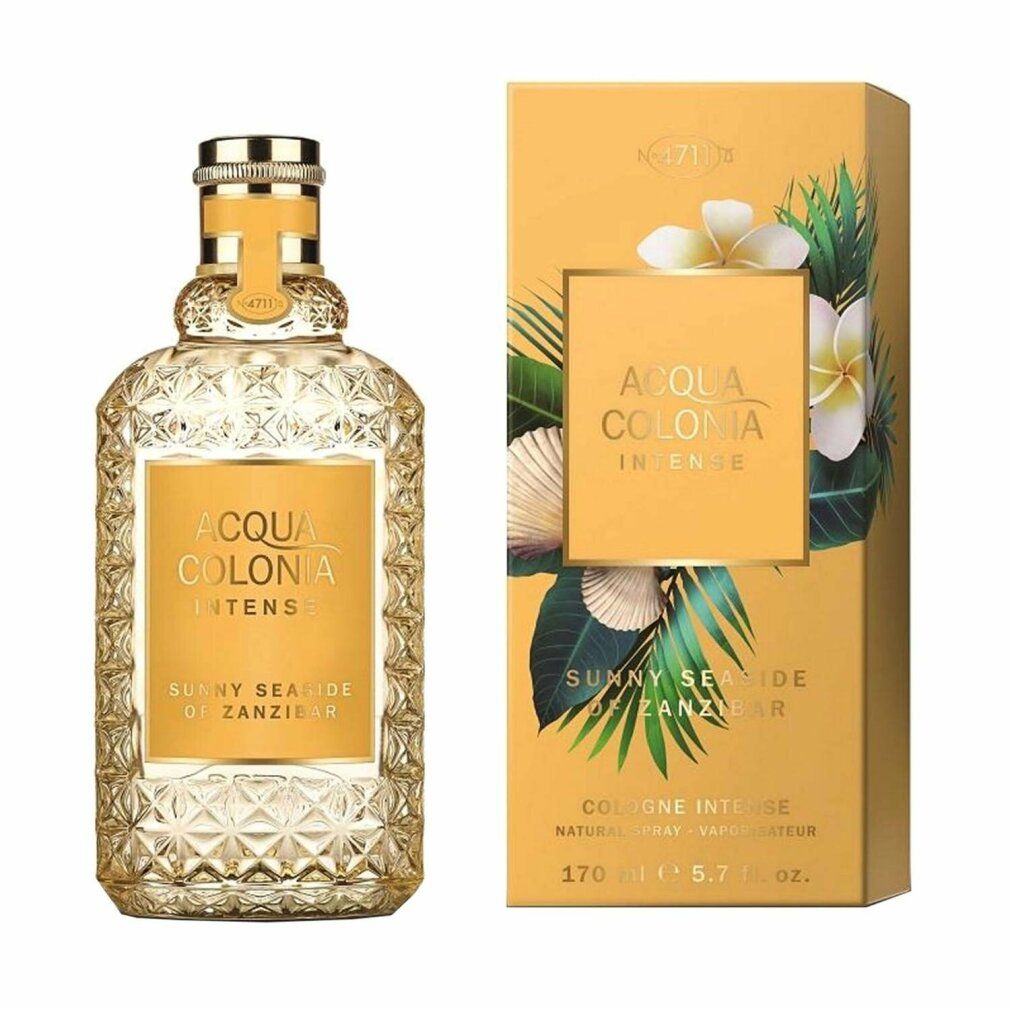 Flakon und Verpackung. Flakon mit gelbem Etikett. Verpackung mit floralem Design. Aufschrift: Acqua Colonia Intense.