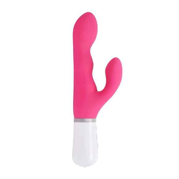 Rosa Vibrator mit weißem Sockel. Form mit zwei Ausbuchtungen. Silberner Ring zwischen Kopf und Sockel.