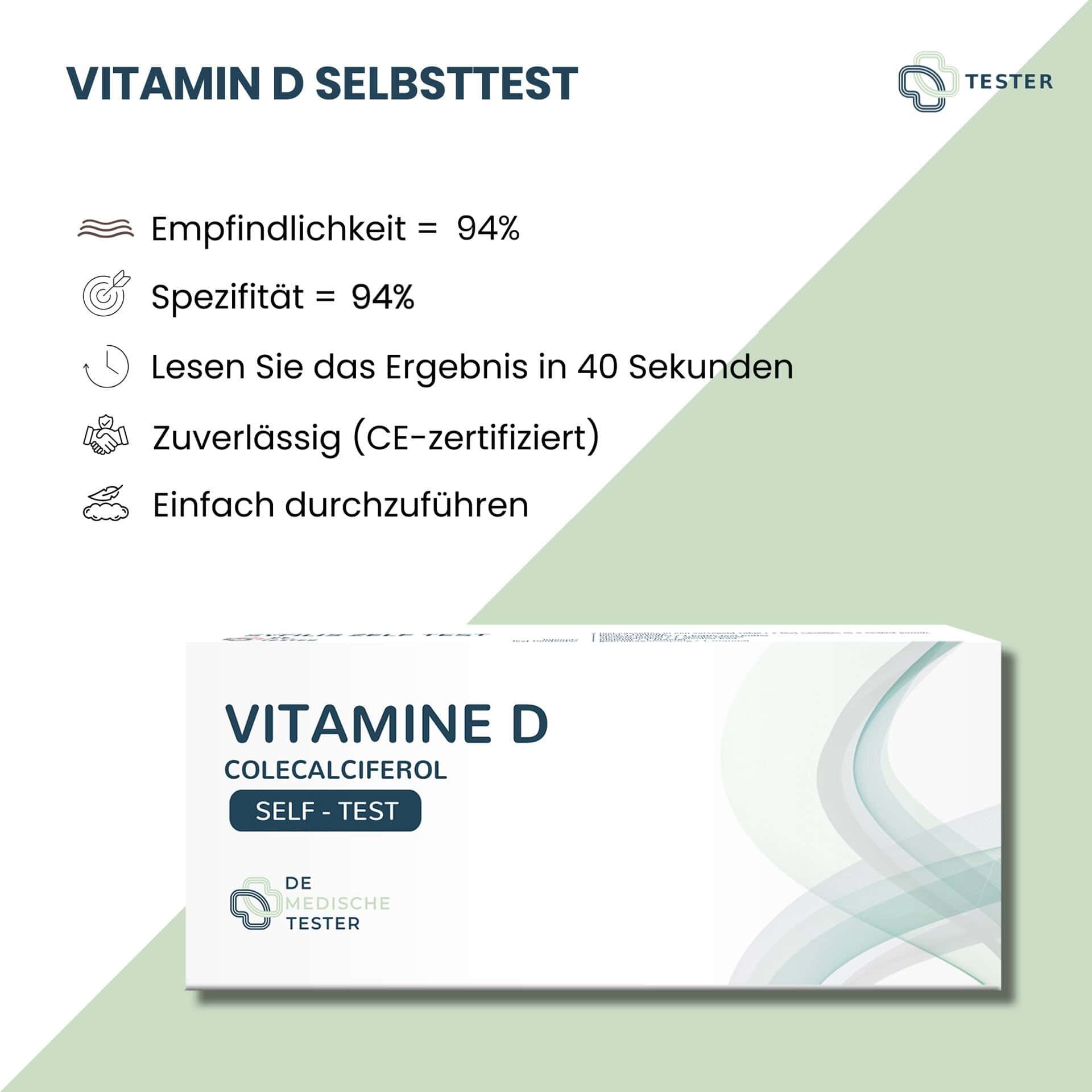 Verpackung eines Vitamin D Selbsttests. Sensitivität 94%, Spezifität 94%. Ergebnis in 40 Sek. CE-zertifiziert.