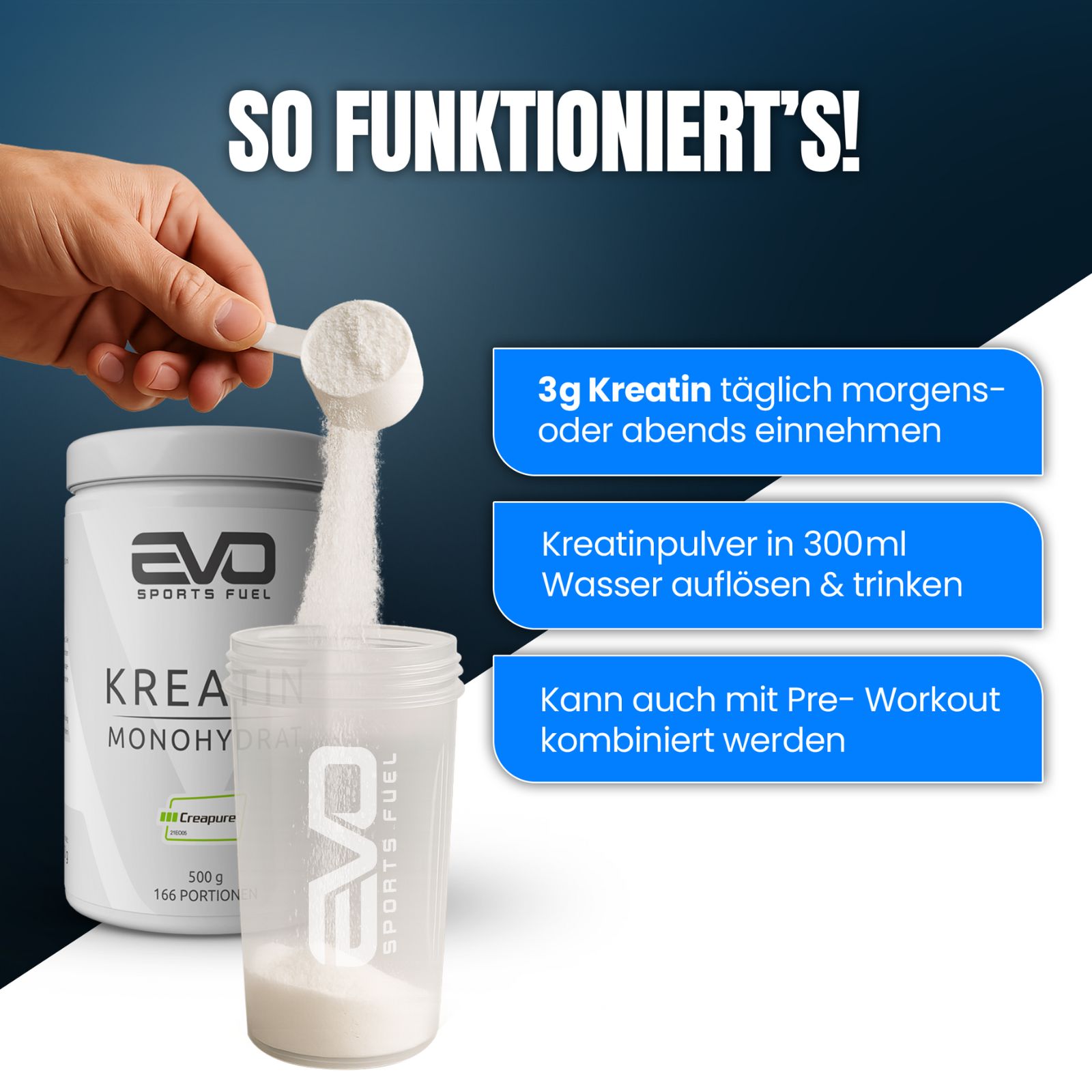 Zubereitung von EVO Kreatin Monohydrat Creapure® mit Wasser.