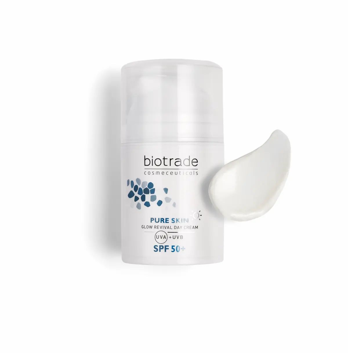 Weiße Creme-Flasche mit transparentem Deckel. Daneben ein Klecks Creme. Aufschrift: Biotrade, Pure Skin, SPF 50+.