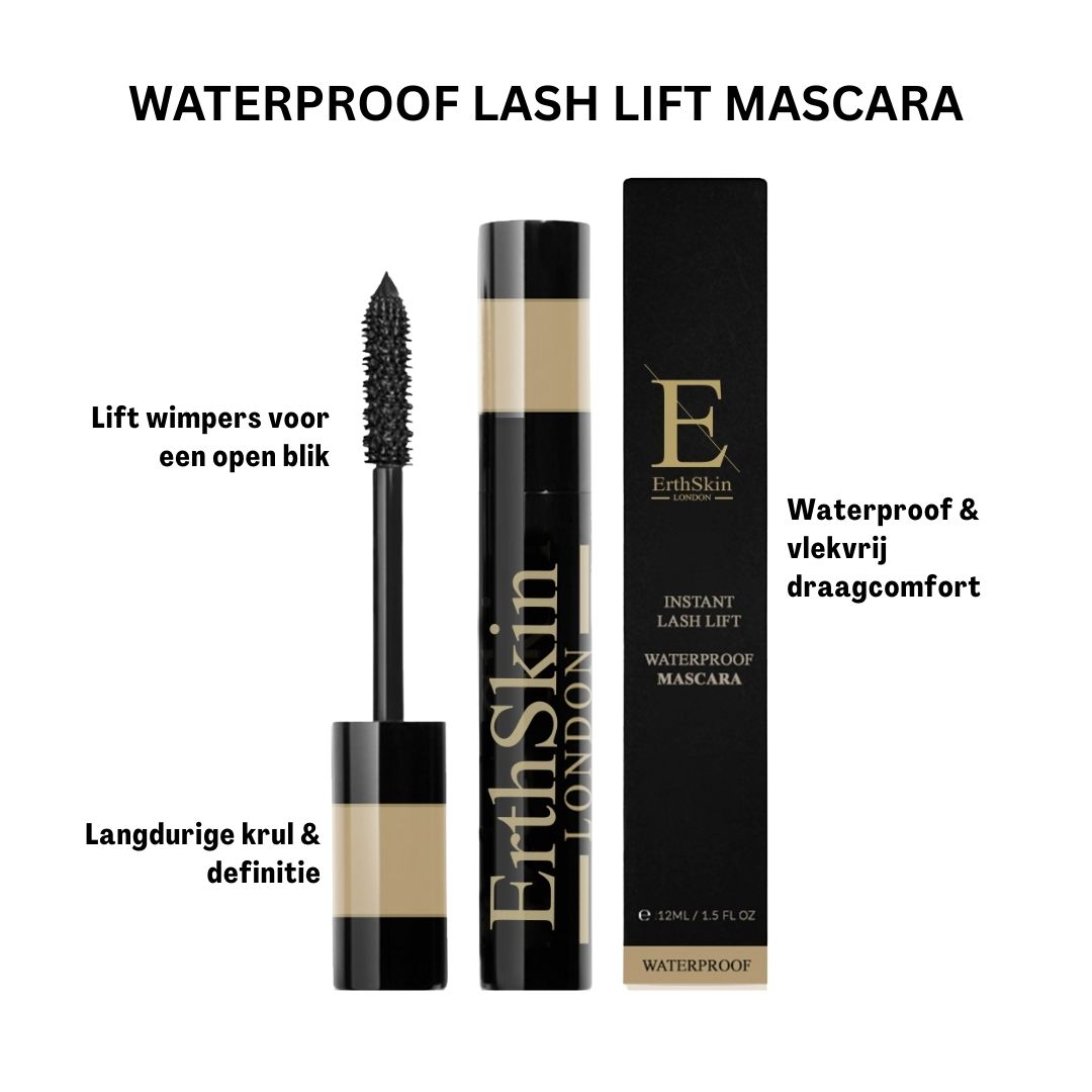 Schwarze Mascara-Tube und -Bürste, daneben eine schwarze Schachtel. Auf der Tube steht "ErthSkin London".