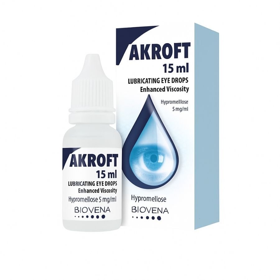 Augentropfen-Fläschchen und Schachtel. Aufschrift: AKROFT, 15 ml, LUBRICATING EYE DROPS, Hypromellose 5 mg/ml, BIOVENA.