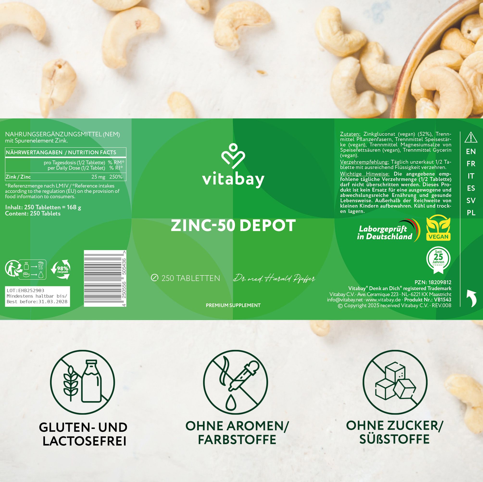 Rückseite der Verpackung von Vitabay Zink-50 DEPOT. Enthält Nährwertangaben, Inhaltsstoffe und Logos.