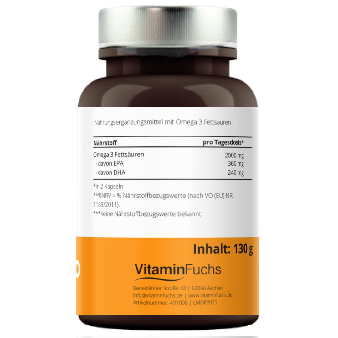 Braune Flasche mit weißem Etikett. Text: Nährstoffangaben, Inhalt 130g. Logo: VitaminFuchs. Orangefarbener Streifen am unteren Rand.