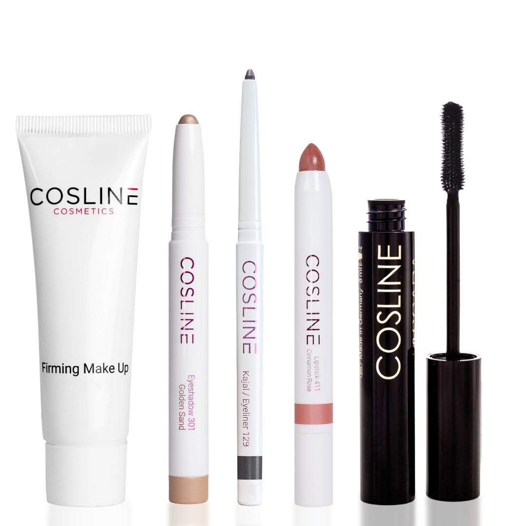 Cosline Starter-Set mit 5 Kosmetikprodukten: Firming Make Up, Lidschatten, Kajal, Lippenstift, Mascara. Alle Produkte in Weiß mit schwarzer Schrift.
