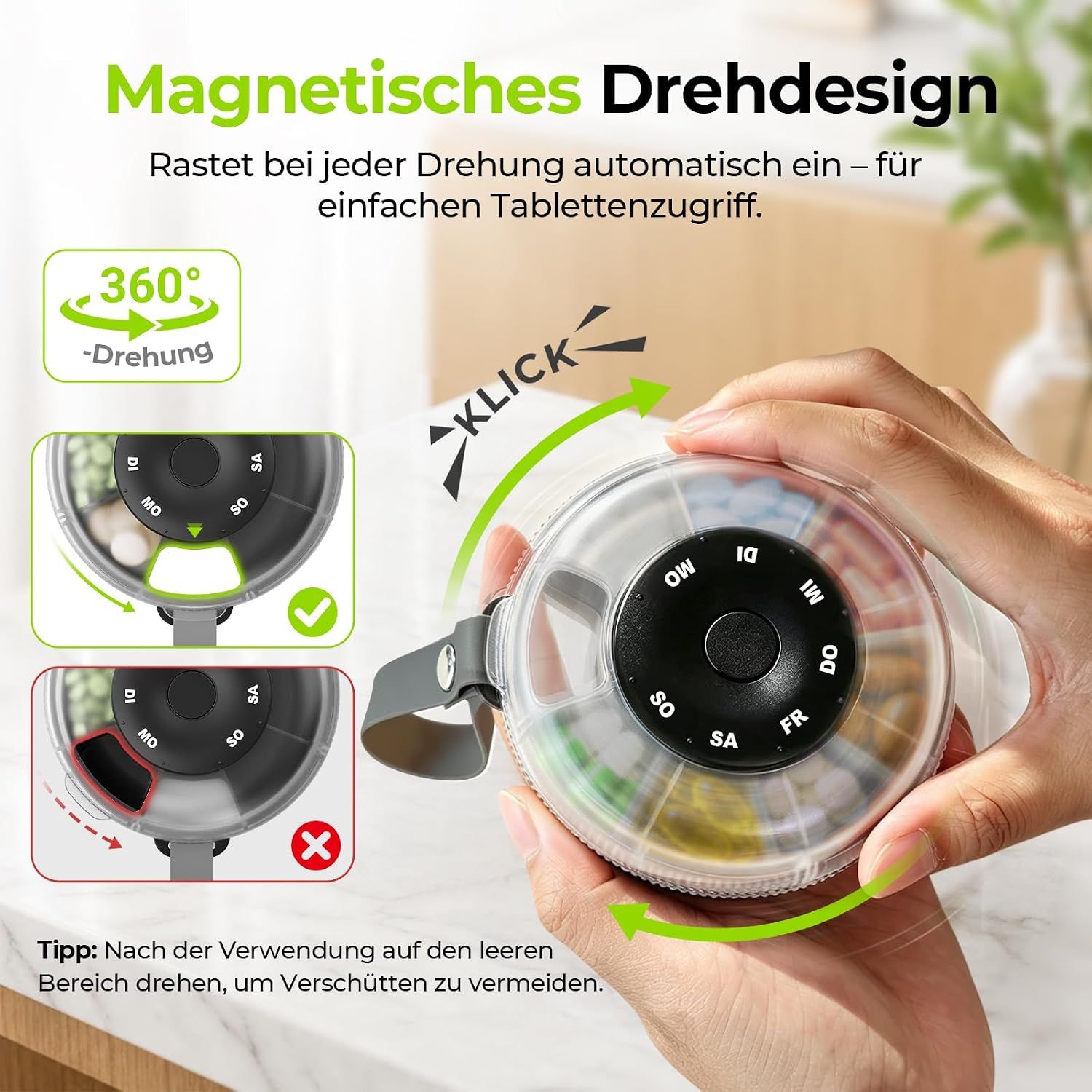 Runde Pillendose mit 7 Fächern und drehbarem Deckel.