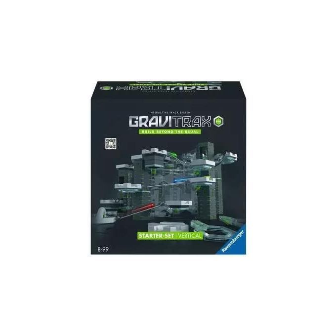 Verpackung des GraviTrax PRO Starter-Set Vertical. Schwarzer Hintergrund. Produktname und Logo deutlich sichtbar. Enthält Bauelemente.