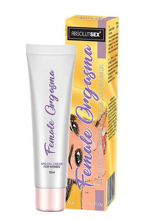 Tube und Verpackung für 'Female Orgasm' Creme, 30ml, mit Frauenporträt und Markenschriftzug.
