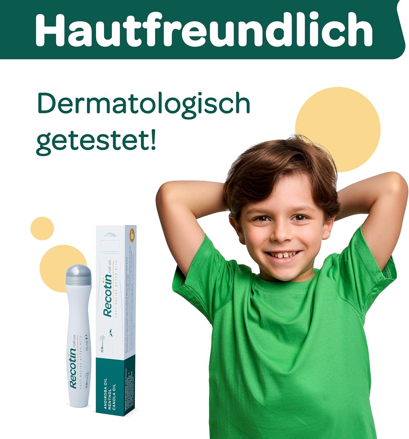 Junge lächelt. Neben ihm: Roll-on-Flasche und Verpackung. Text: Hautfreundlich, dermatologisch getestet. Hintergrund: Weiß.