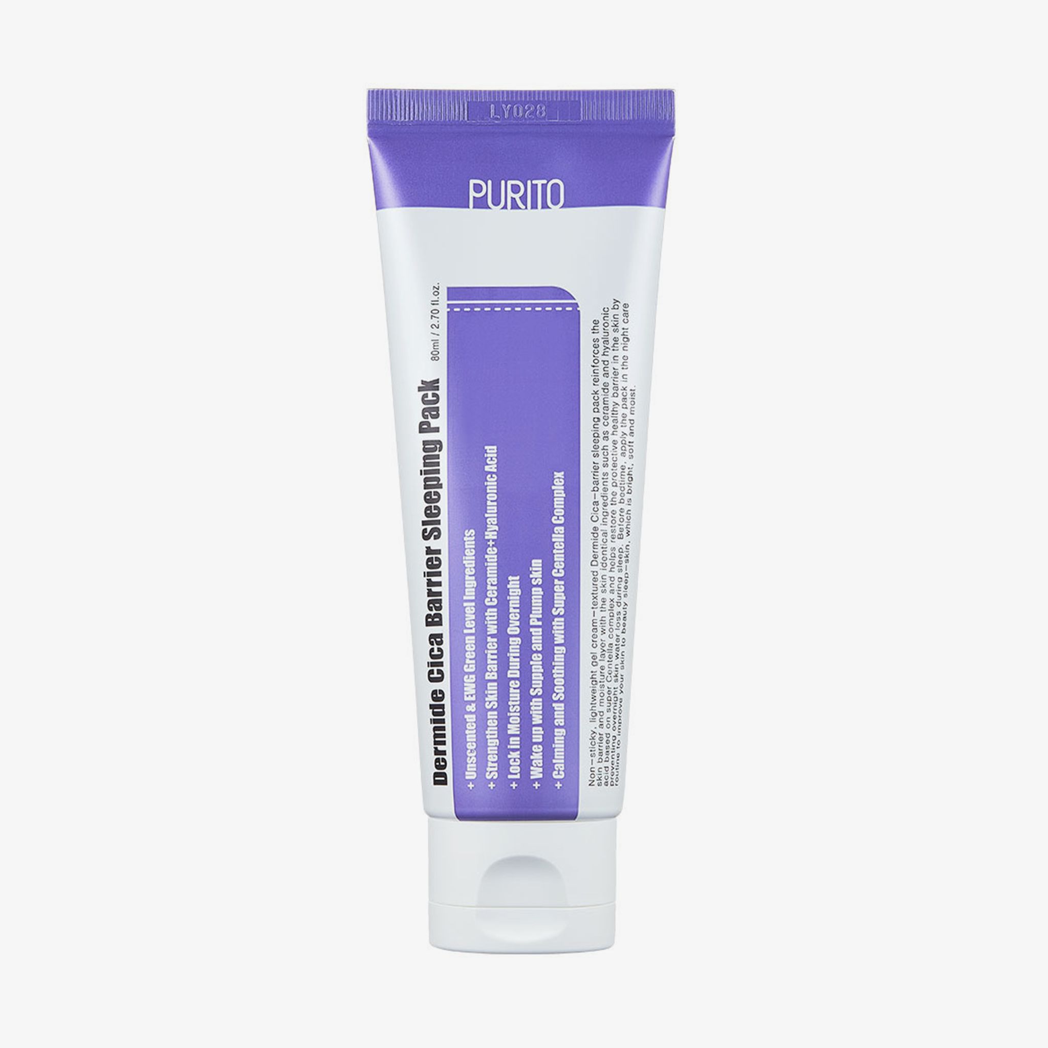 Tube mit Produkt. Aufschrift: Dermide Cica Barrier Sleeping Pack. Marke: Purito.