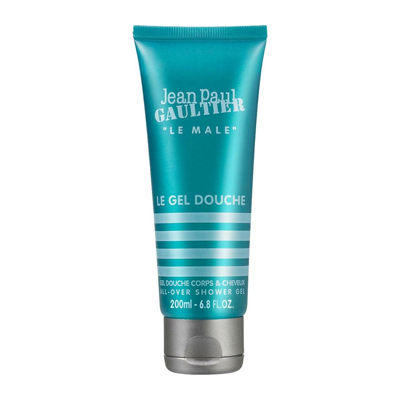 Türkisfarbene Tube mit "Jean Paul Gaultier" und "Le Male Le Gel Douche" Schriftzug. Grauer Verschluss.