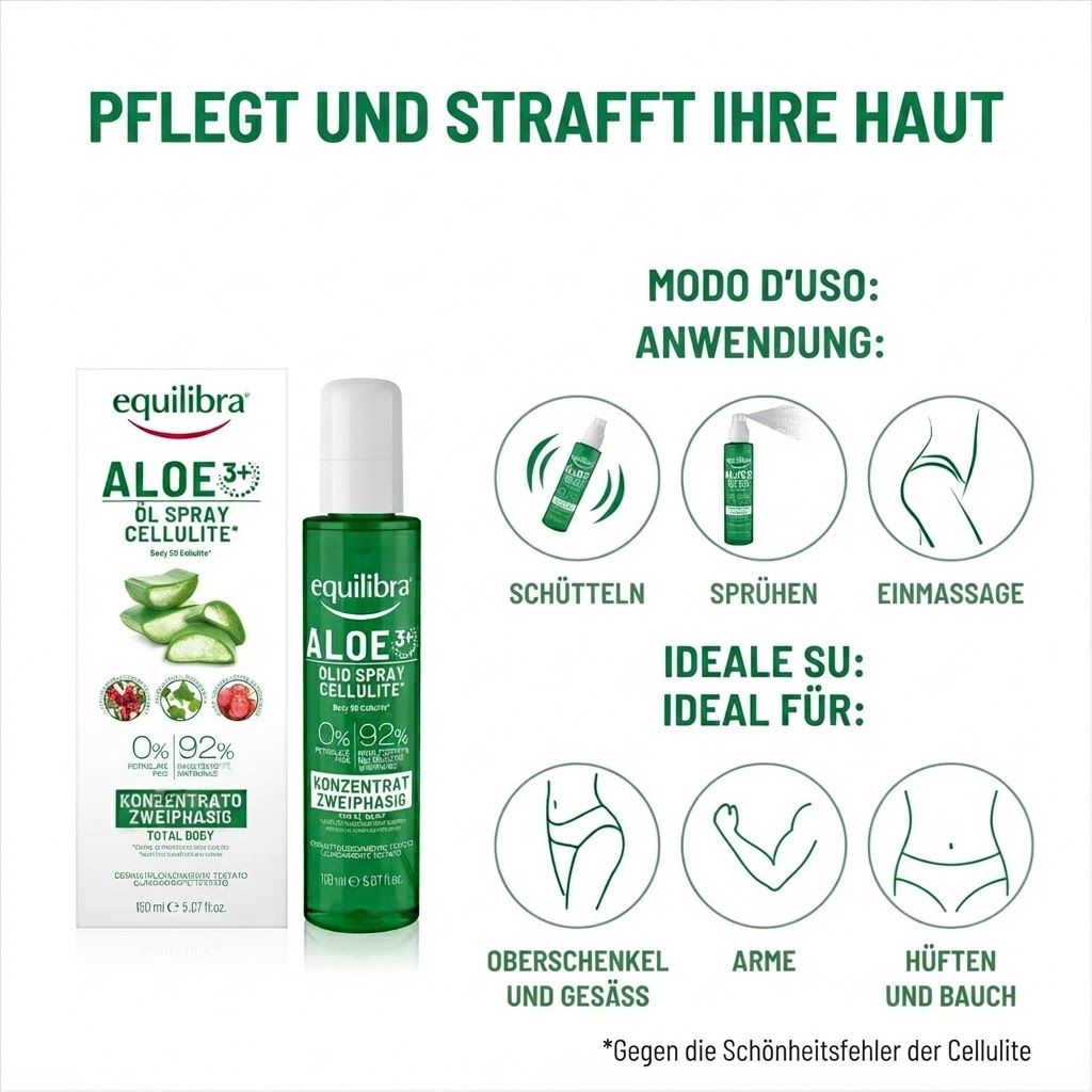 Equilibra Aloe 3+ Öl Spray Cellulite, 150 ml, mit Inhaltsstoffen.