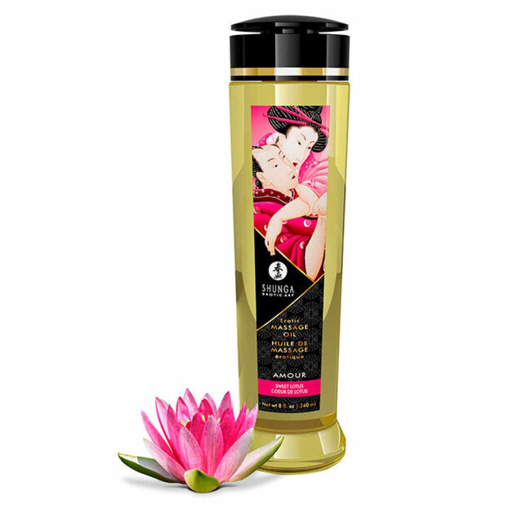 Massageölflasche mit Lotusblüte. Das Etikett zeigt ein Paar und den Produktnamen.