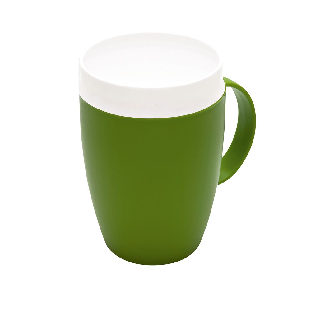 Grüner Trinkbecher mit weißem Rand und Henkel. Der Becher hat eine ovale Form.