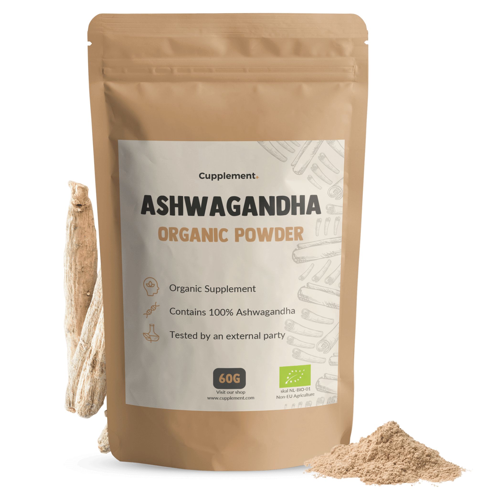Beutel mit Ashwagandha-Pulver. Aufschrift: Ashwagandha Organic Powder. Enthält 60g. Mit Bio-Siegel.