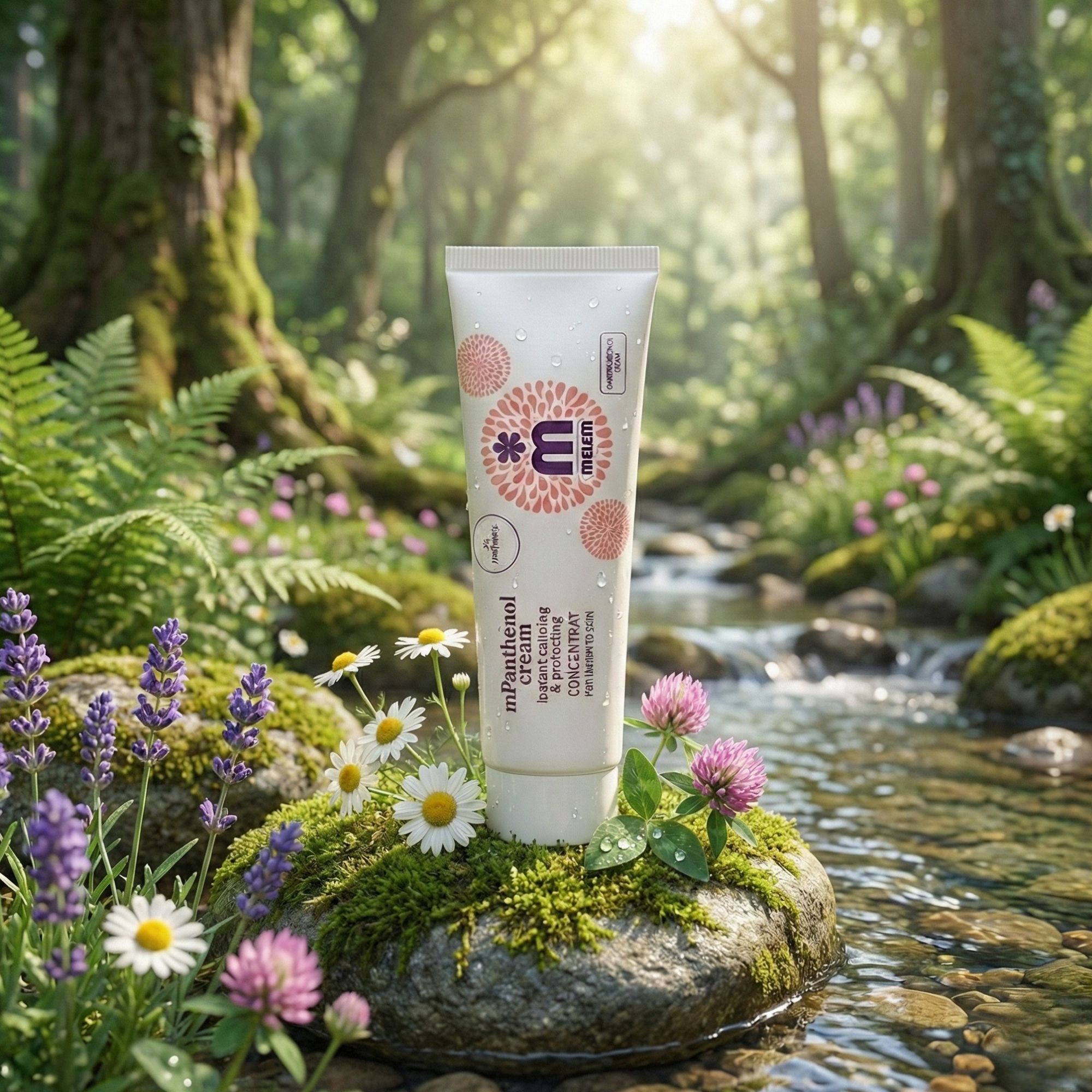 Creme-Tube mit Produktnamen und Logo. Auf Stein im Wald, umgeben von Blumen und Wasser.