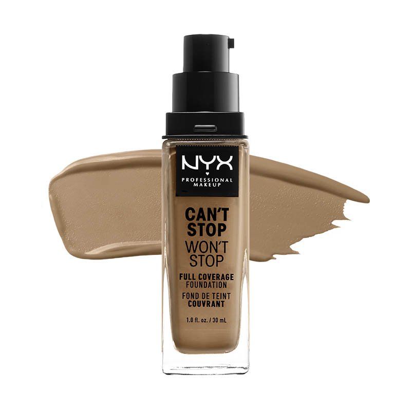 Flüssige Foundation mit Pumpverschluss. Aufschrift: NYX PROFESSIONAL MAKEUP, CAN'T STOP WON'T STOP. Farbton auf weißem Hintergrund.