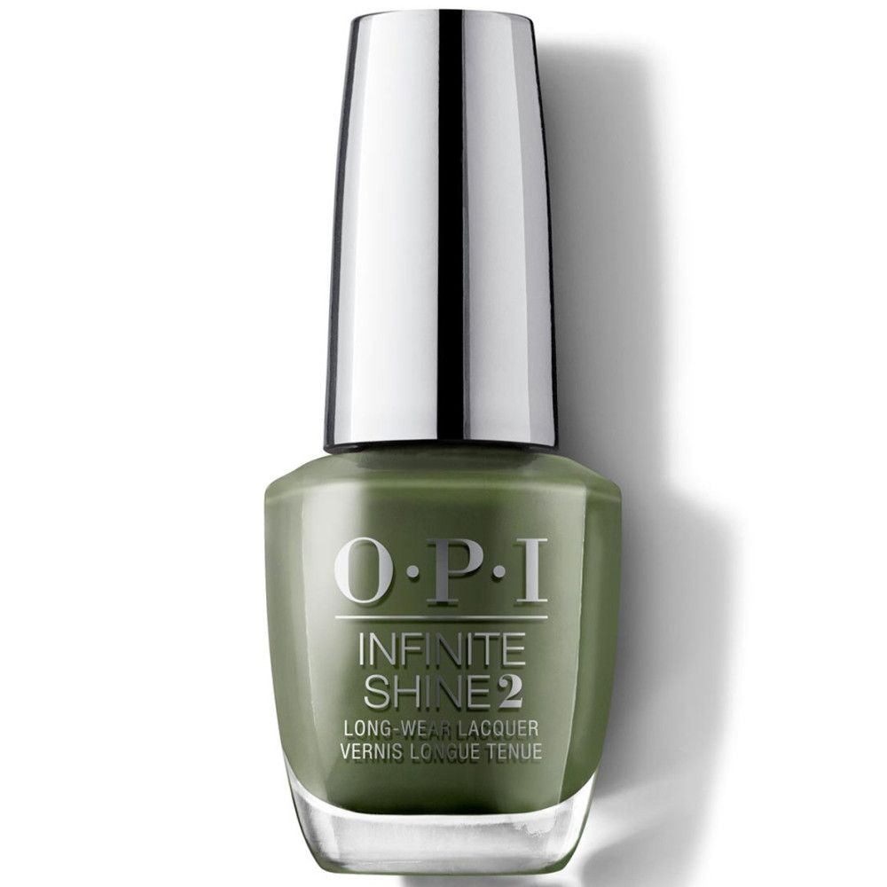 OPI Nagellacke Infinite Shine 2 Flasche. Olivgrüne Farbe, silberner Deckel. Produktansicht.
