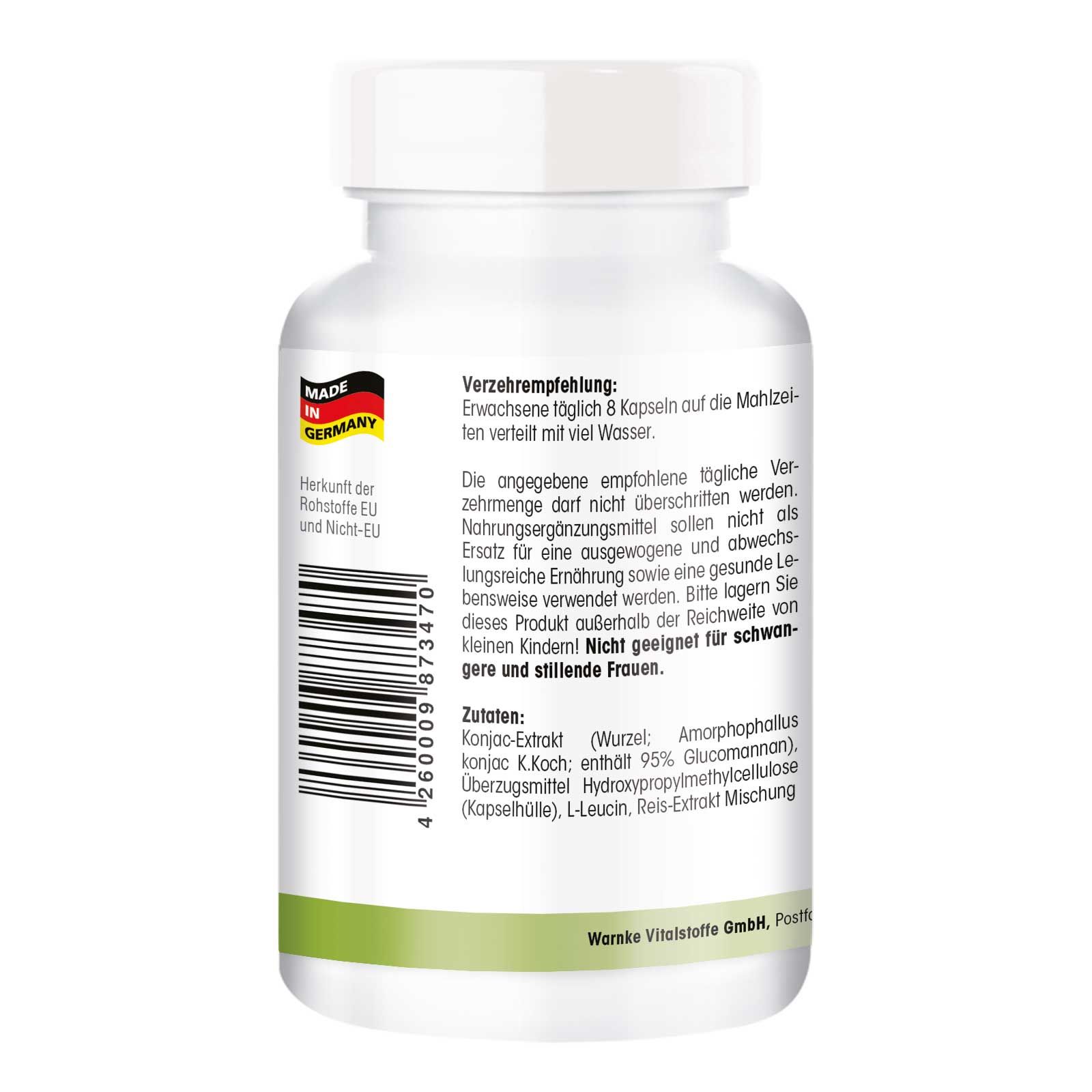 Rückseite der Flasche. Text: Inhaltsstoffe, Verzehrempfehlung, Warnhinweise. Hergestellt in Deutschland. Mit Barcode und Logo.