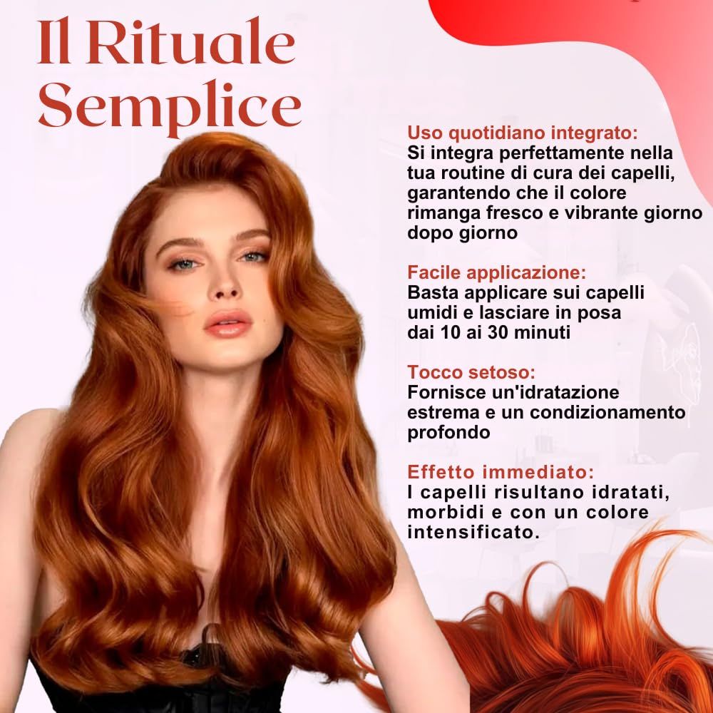 Frau mit langen, roten, gewellten Haaren, die auf eine Haarpflege hinweisen.
