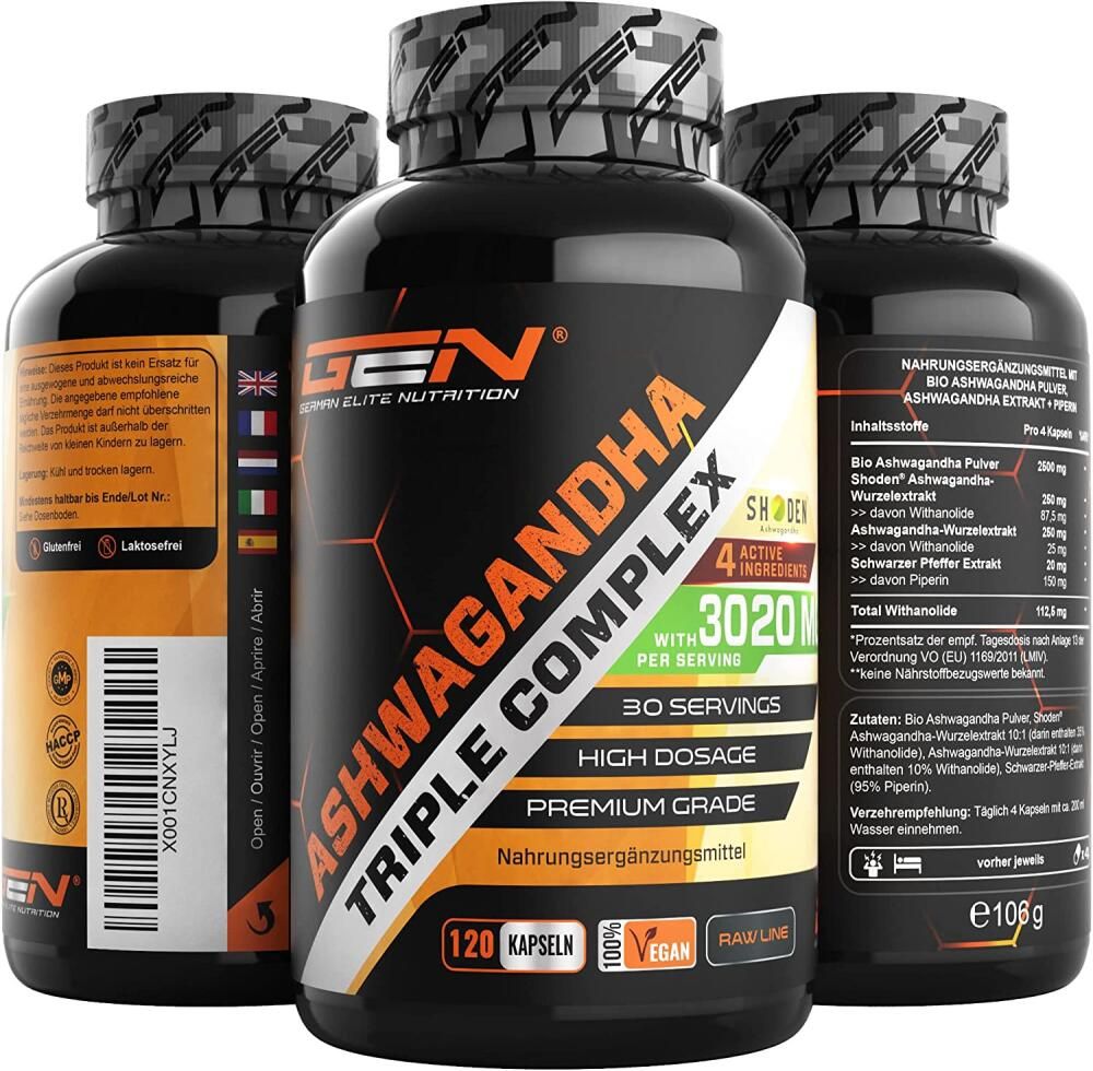 Drei Flaschen GEN Ashwagandha Triple Komplex. Schwarze Flaschen mit weißer Schrift. 120 Kapseln, 30 Portionen, vegan.