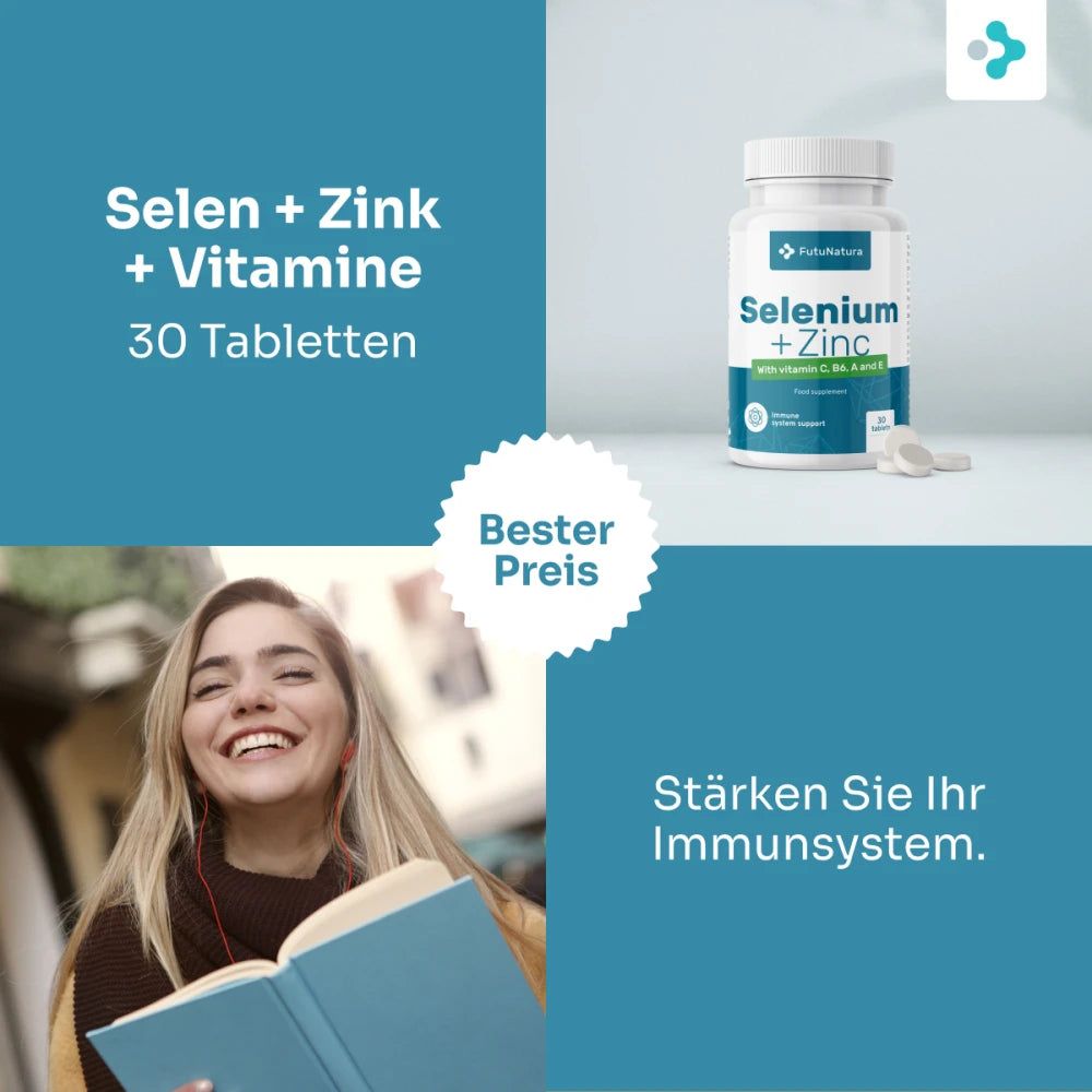 FutuNatura Selen + Zink Flasche neben einer lächelnden Frau, die ein Buch liest. Aufschrift: Selen + Zink, 30 Tabletten.