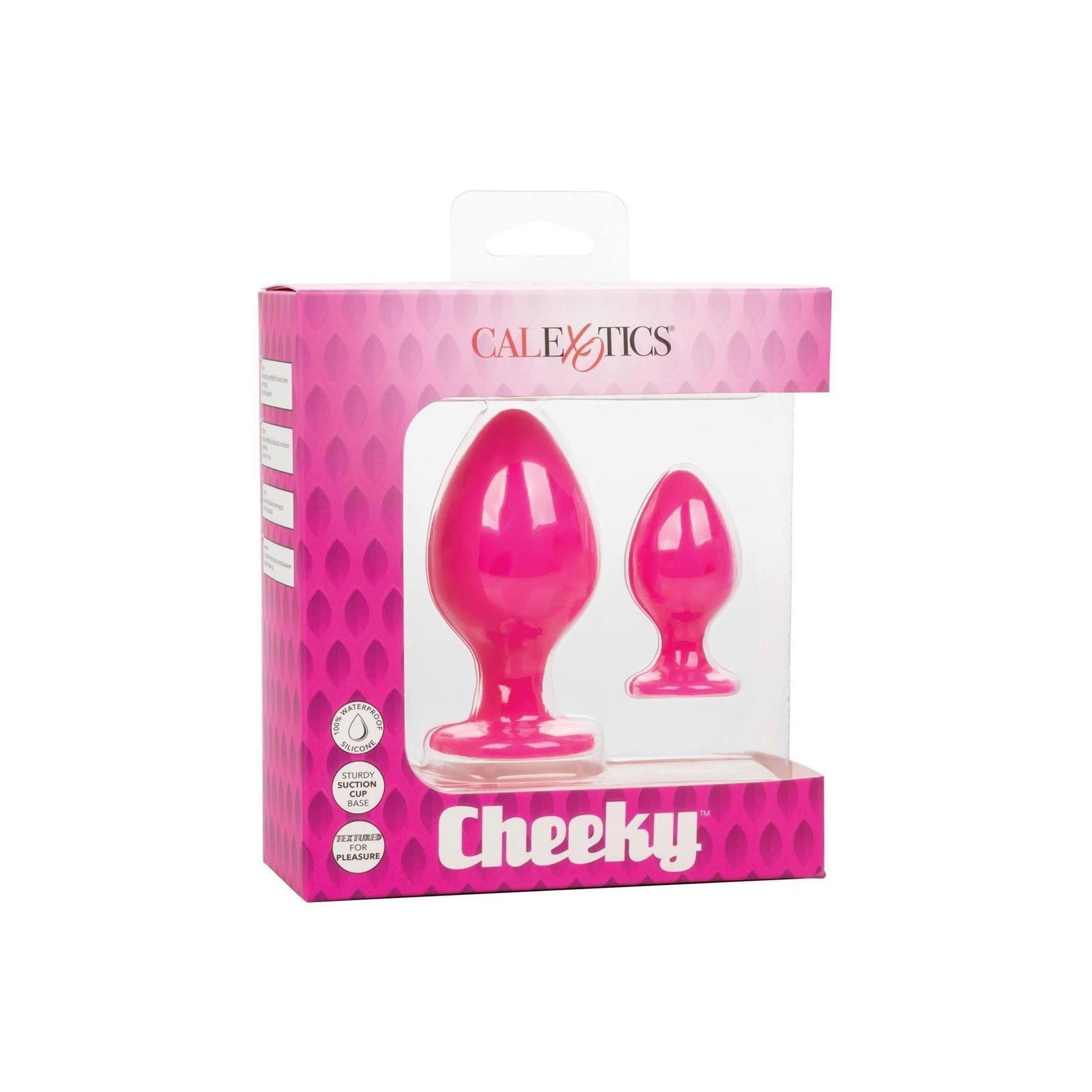 Rosa Analplug mit Saugbasis in Verpackung. Marke Calexotics, Schriftzug "Cheeky".