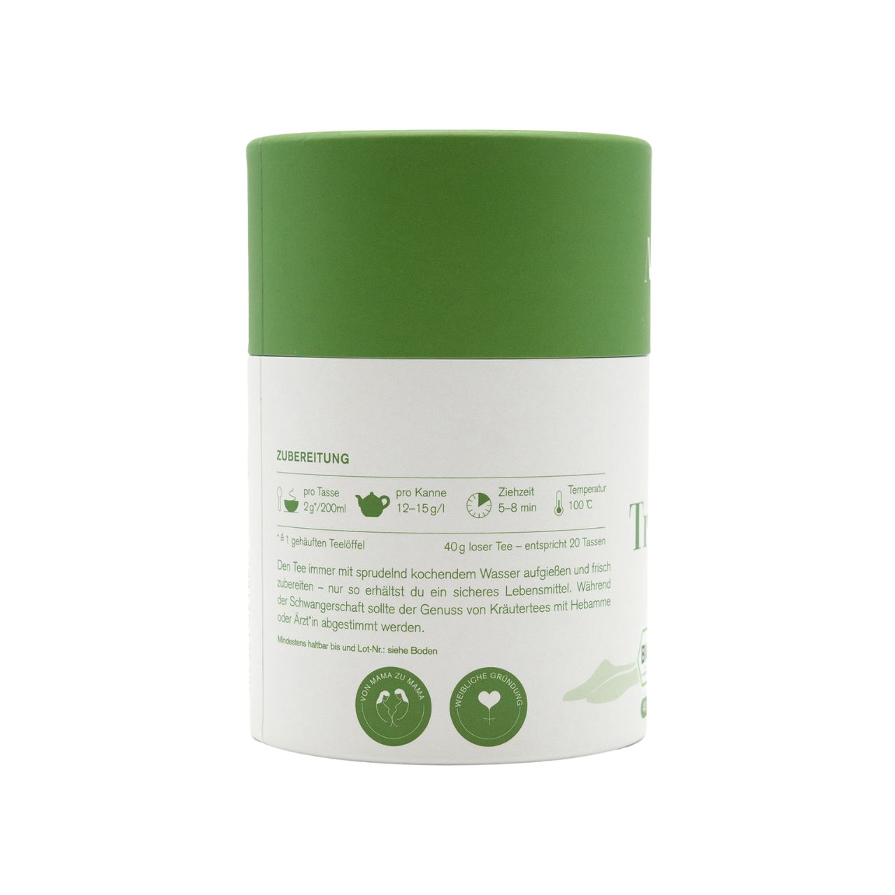 Zylindrische Teeverpackung mit grünem Deckel. Aufschrift: Zubereitung, 1 TL Tee, 200ml Wasser, 5-8 min ziehen lassen, 100°C. Bio-Siegel.