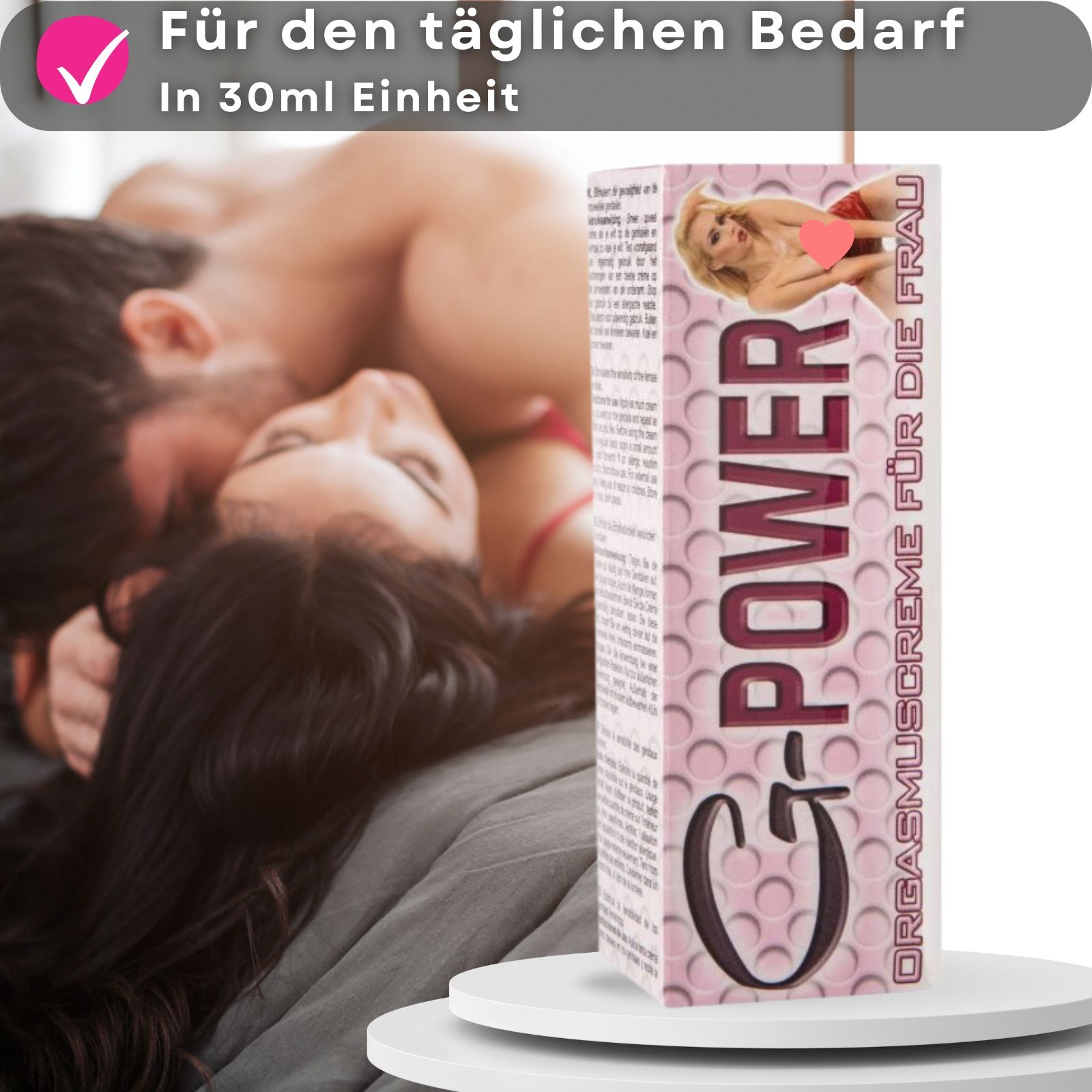 G-POWER Creme-Tube. Text: Orgasmuscreme für die Frau. Rosa und weiße Farbgebung. Verpackung mit Text.