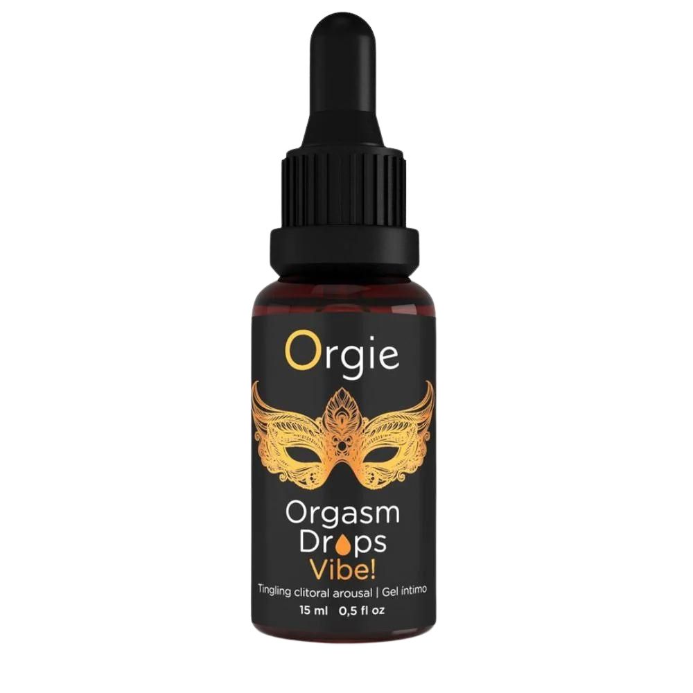 Braune Glasflasche mit schwarzem Deckel und Pipette. Etikett mit goldener Maske und Schriftzug 'Orgie Orgasm Drops Vibe!'.