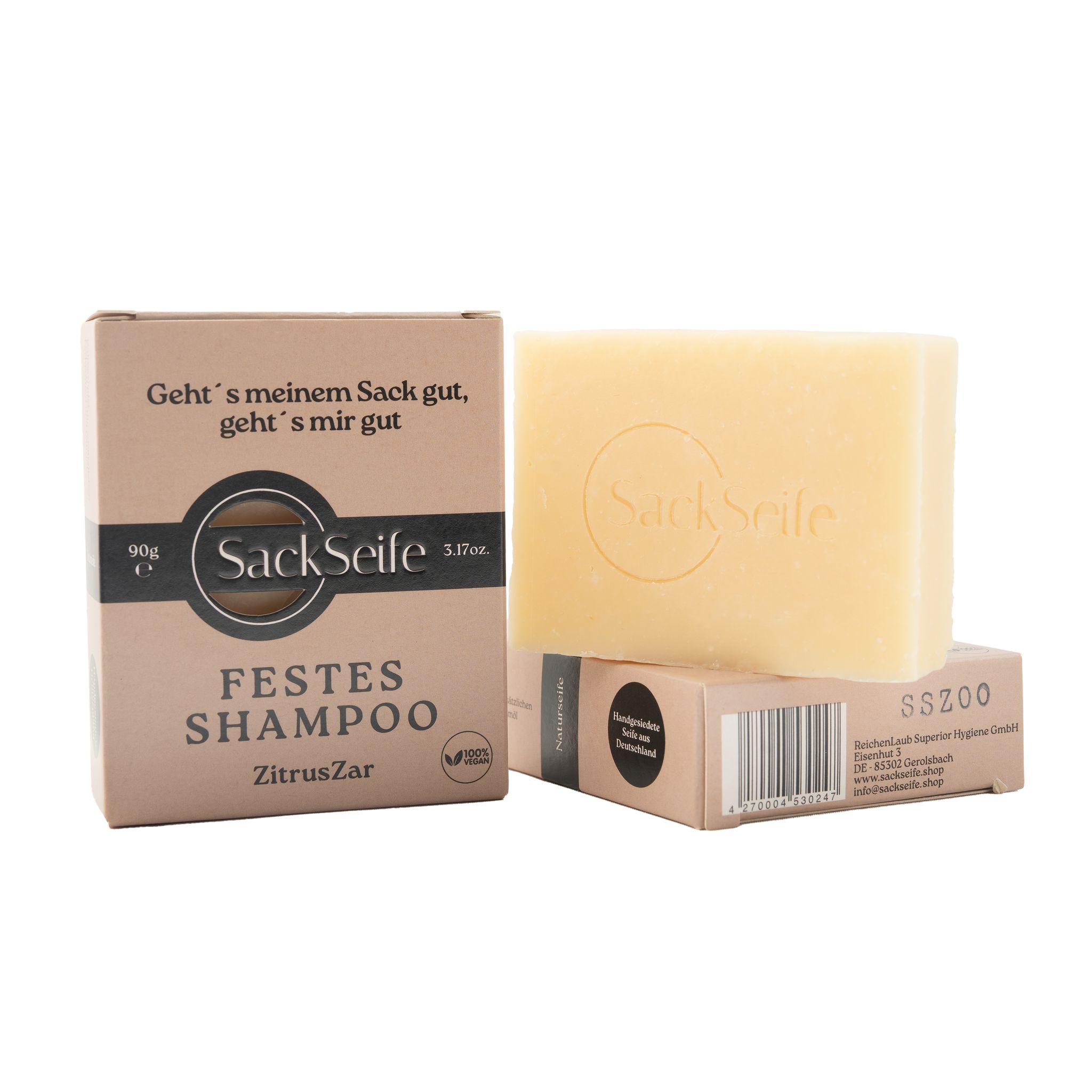 Festes Shampoo und Verpackung. Aufschrift: SackSeife, Festes Shampoo ZitrusZar, 90g.