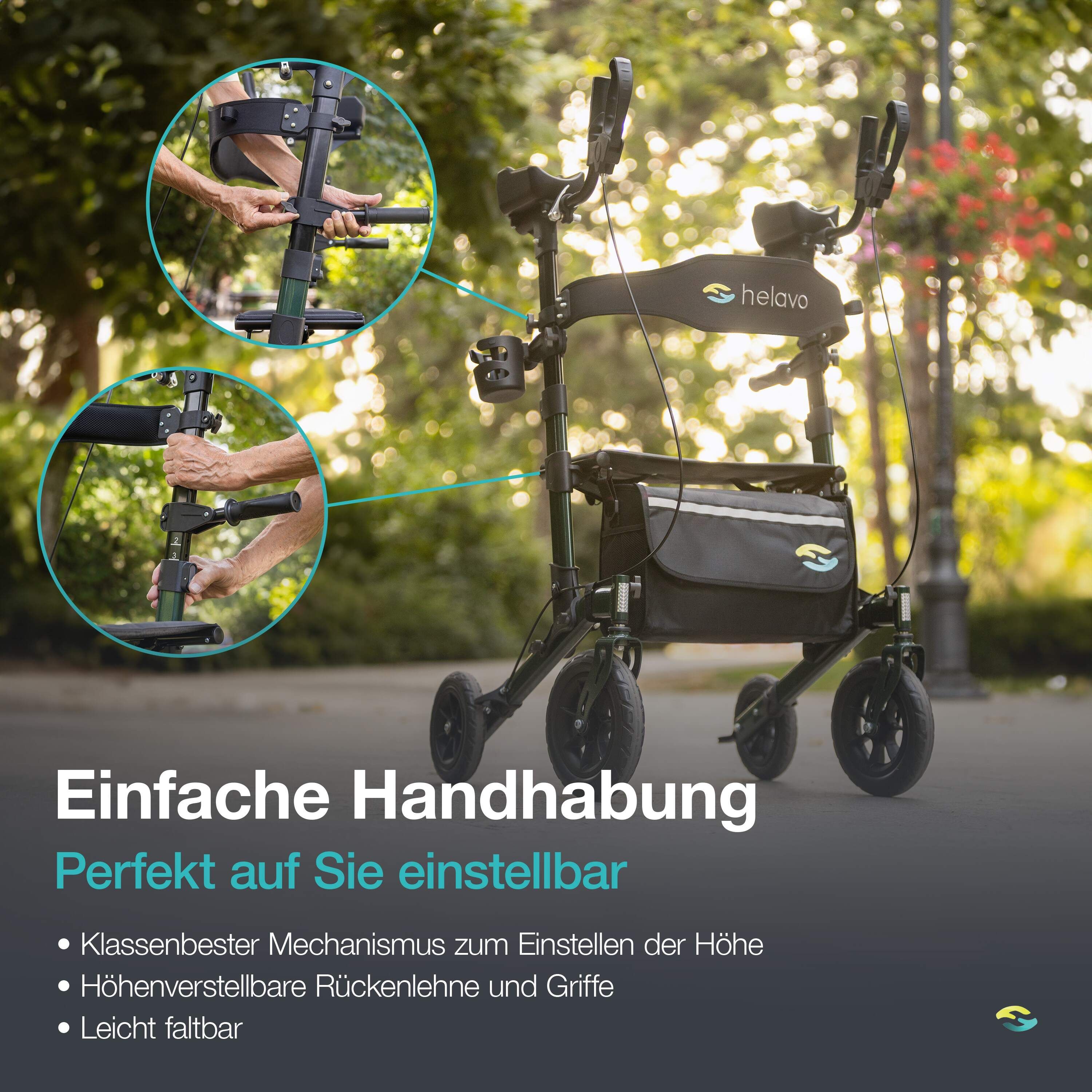 Detailansicht der Höhenverstellung und Griffe eines grünen Rollators. Leicht faltbar.