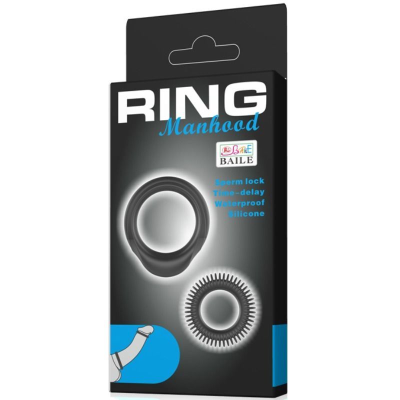 Verpackung mit zwei schwarzen Ringen. Aufschrift: RING Manhood, Marke BAILE. Enthält Informationen über das Produkt.