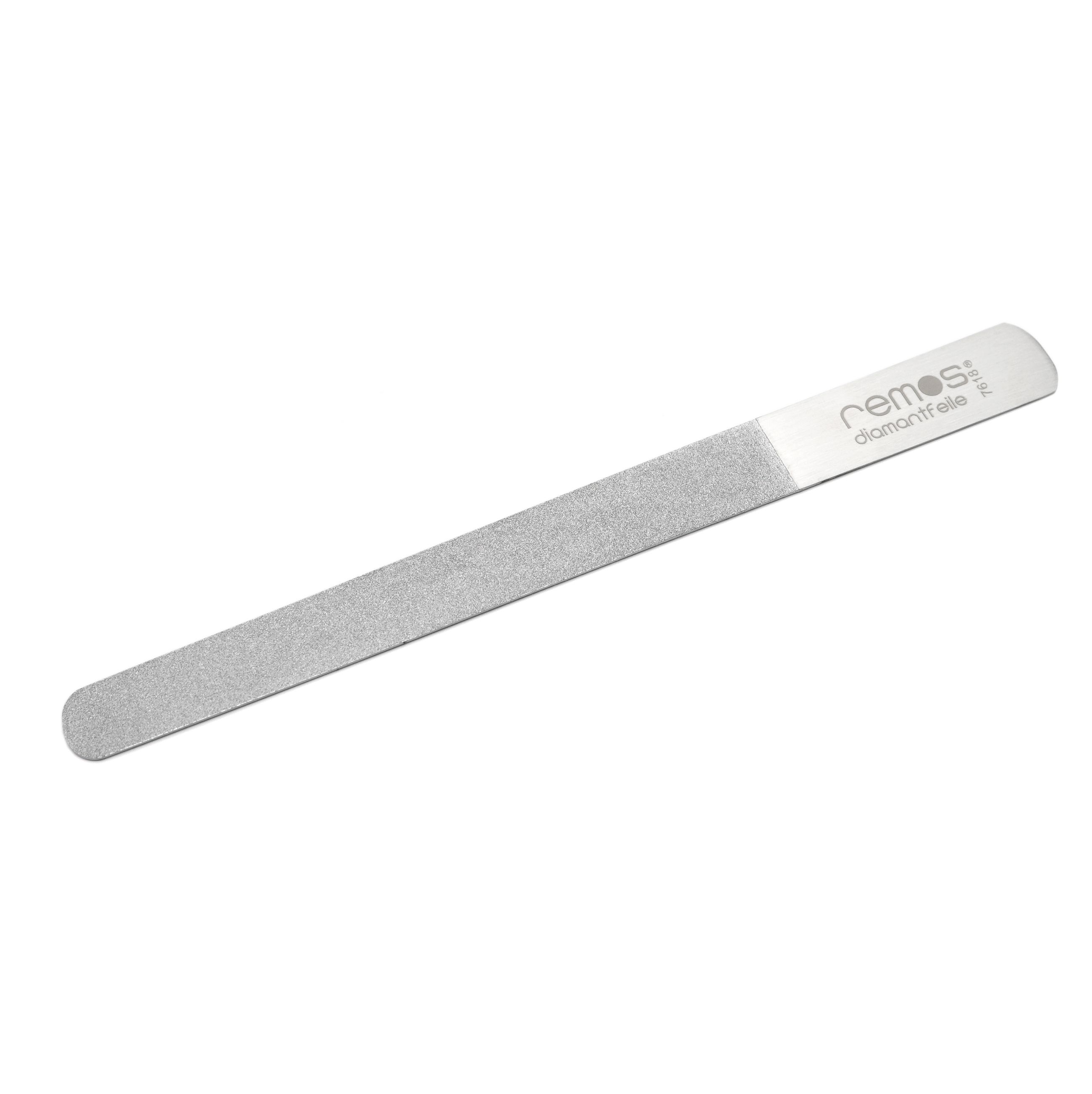 REMOS Diamantnagelfeile, sehr grob/fein, 20 cm. Silberfarbene Feile mit Diamantbesatz, mit Markenschriftzug.