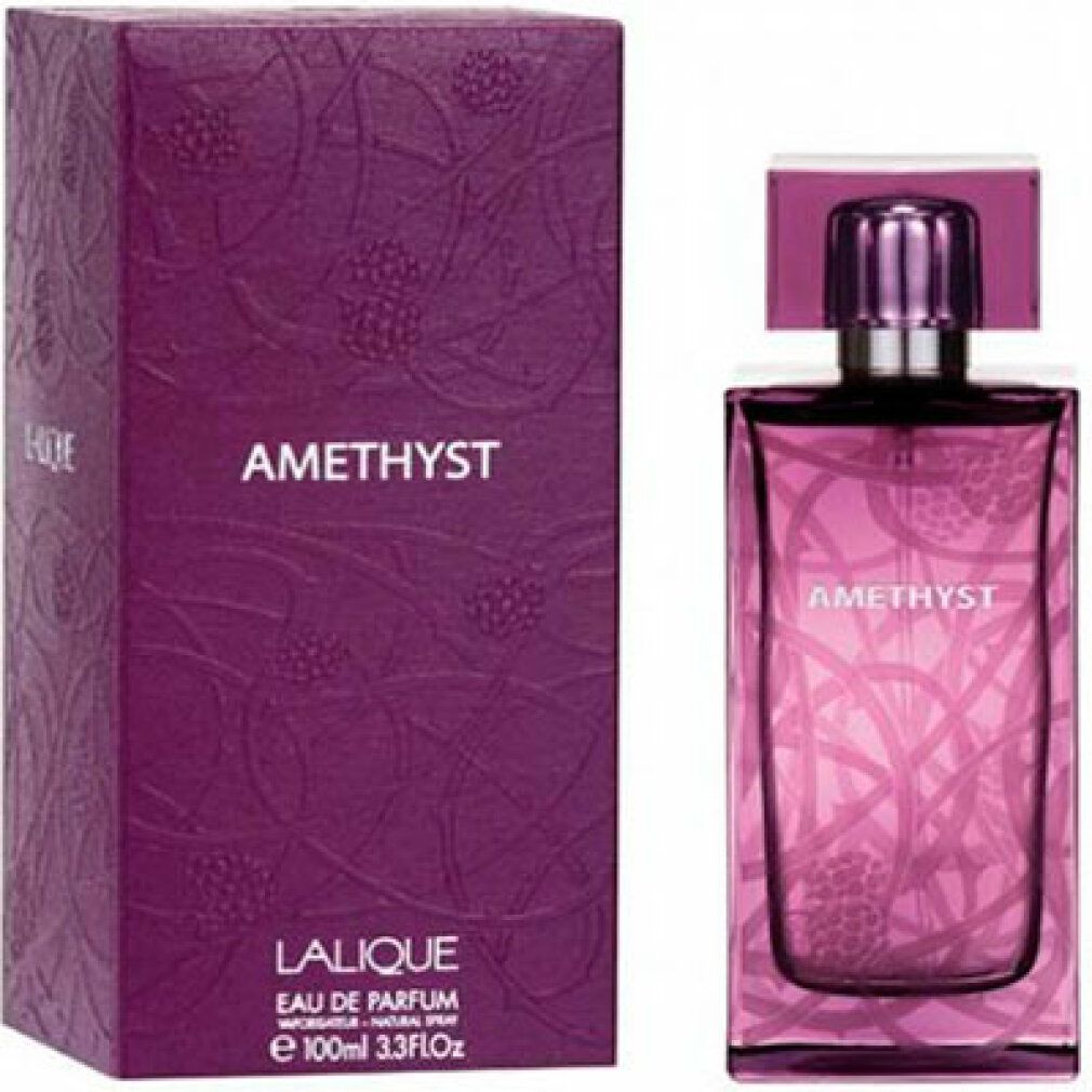 Lalique Amethyst Eau de Parfum Flakon und Verpackung. Lila Flakon mit AMETHYST. Verpackung mit AMETHYST und Lalique.