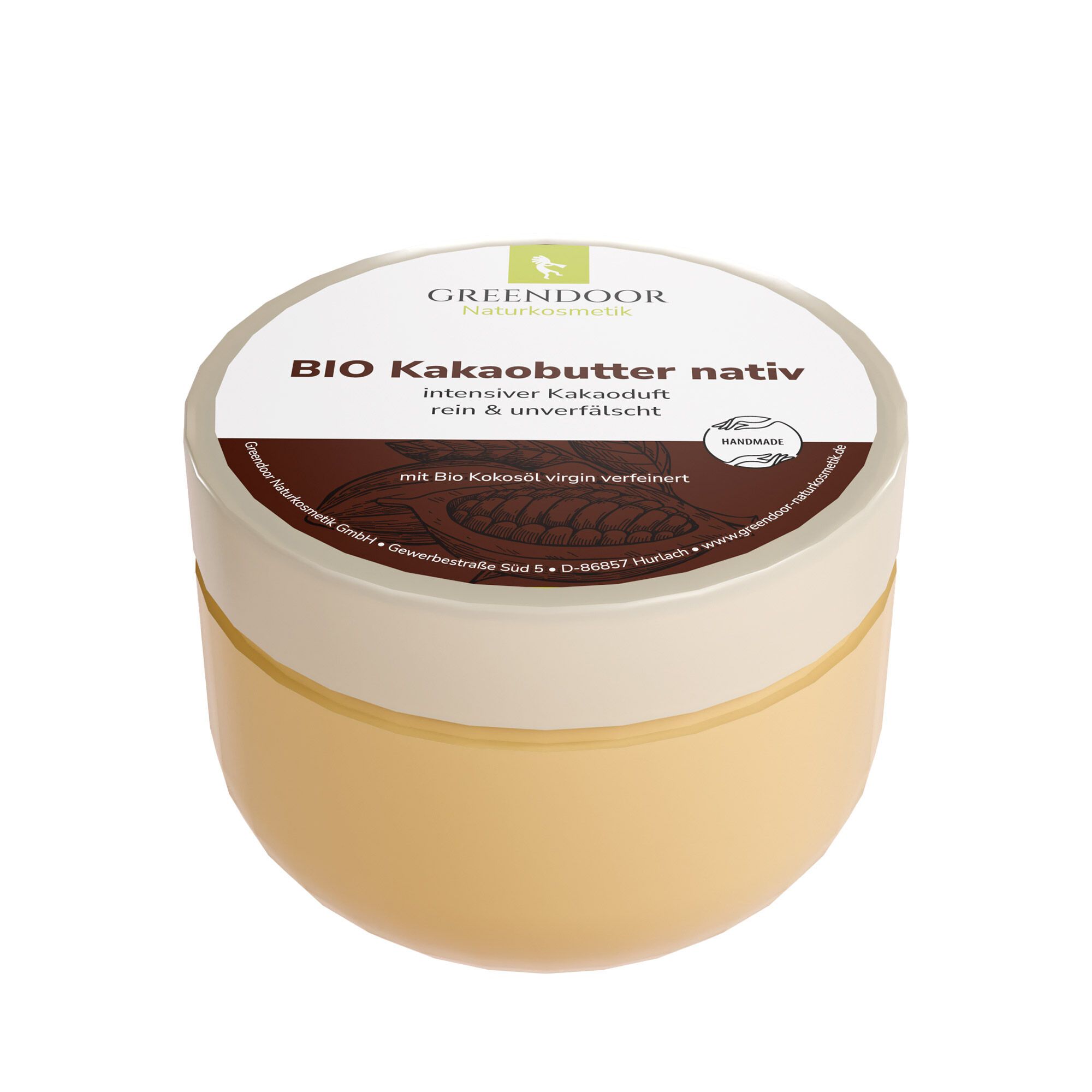 Behälter mit Deckel. Aufschrift: BIO Kakaobutter nativ. Logo: GREENDOOR. Text: intensiver Kakaoduft, rein & unverfälscht.