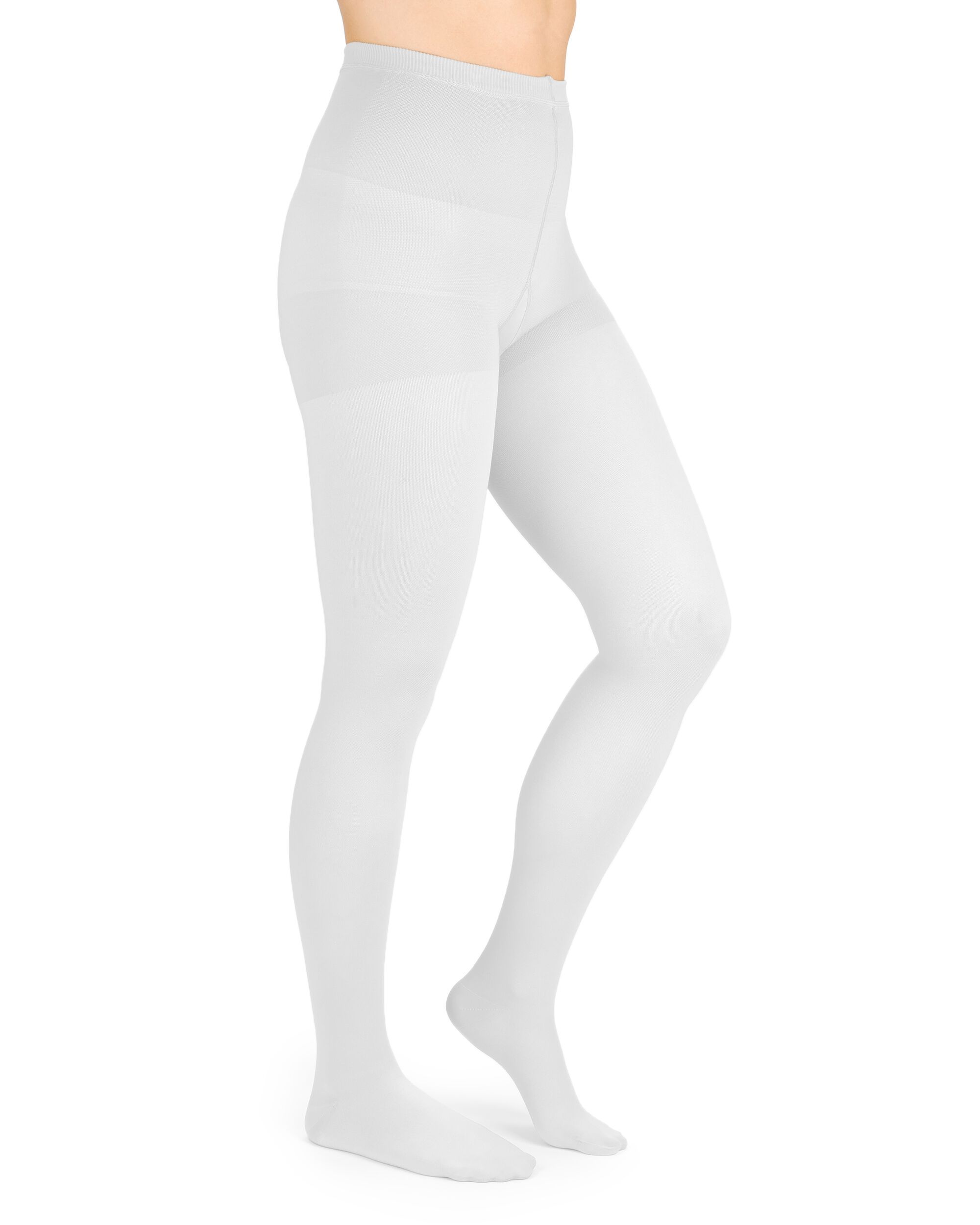 Weiße Kompressionsstrumpfhose. Blick von der Seite, die Strumpfhose bedeckt die Beine bis zum Bauch. Keine weiteren Details.