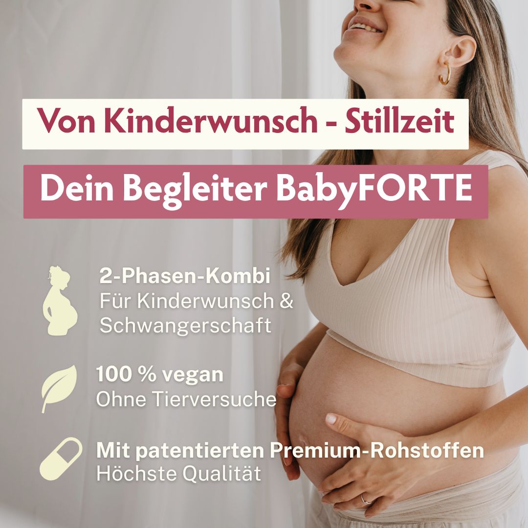 Frau mit Babybauch lächelt. Links Icons: Schwangere, Blatt (vegan), Kapsel. Text: 'Von Kinderwunsch - Stillzeit'.