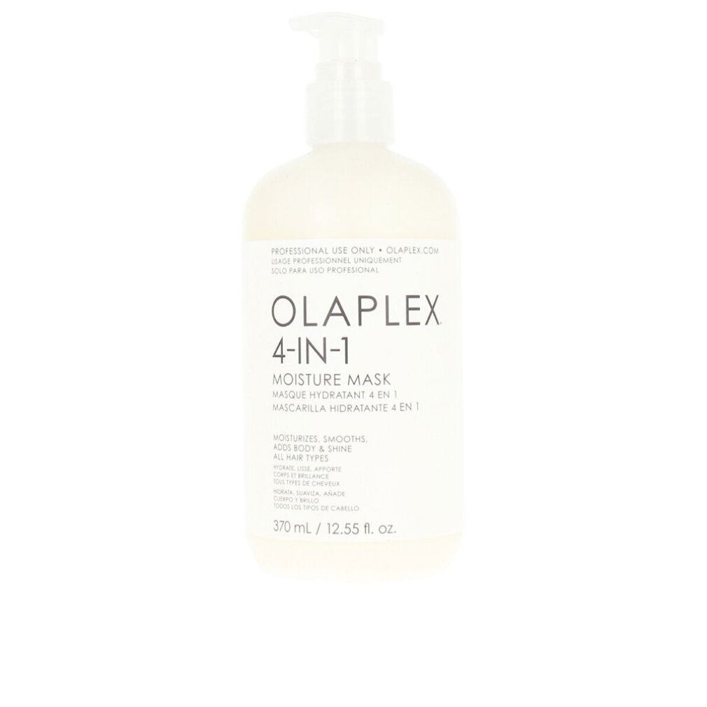Olaplex 4-in-1 Moisture Mask. Weiße Flasche mit Pumpverschluss. Produktbezeichnung und Text auf dem Etikett.