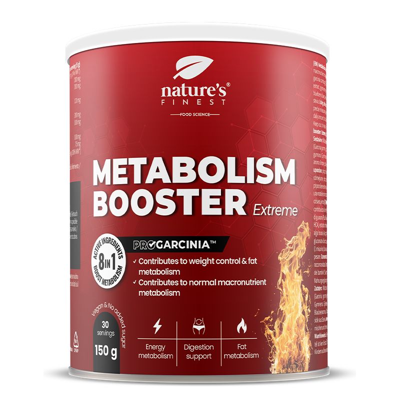 Rote Dose mit weißem Deckel. Aufschrift: Nature's Finest, Metabolism Booster Extreme. 150g, 30 Portionen. Flammen-Grafik.