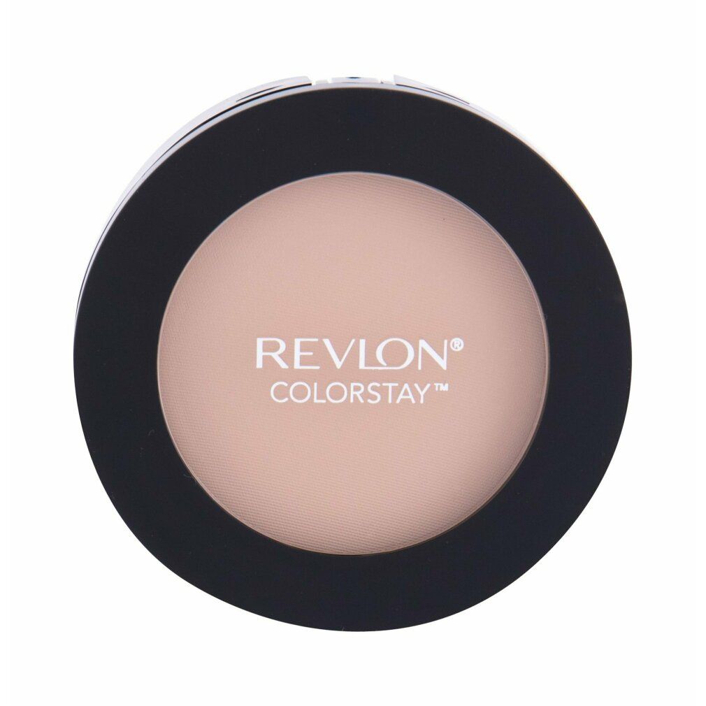 Runder, gepresster Puder in einem schwarzen Behälter. Auf dem Puder steht REVLON COLORSTAY.