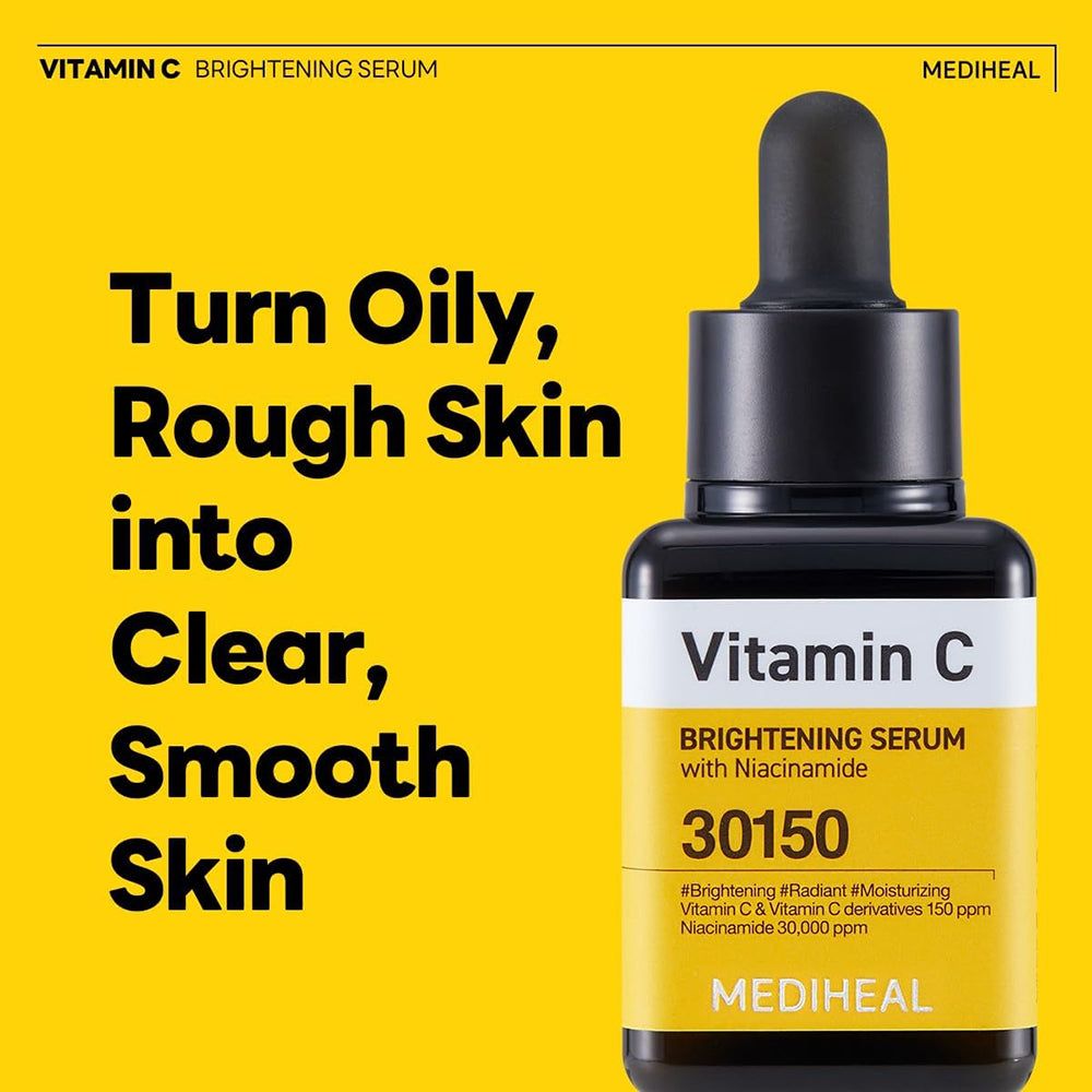 Serumflasche mit schwarzem Deckel. Gelbes Etikett mit Text: Vitamin C, 30150. MEDIHEAL Logo.