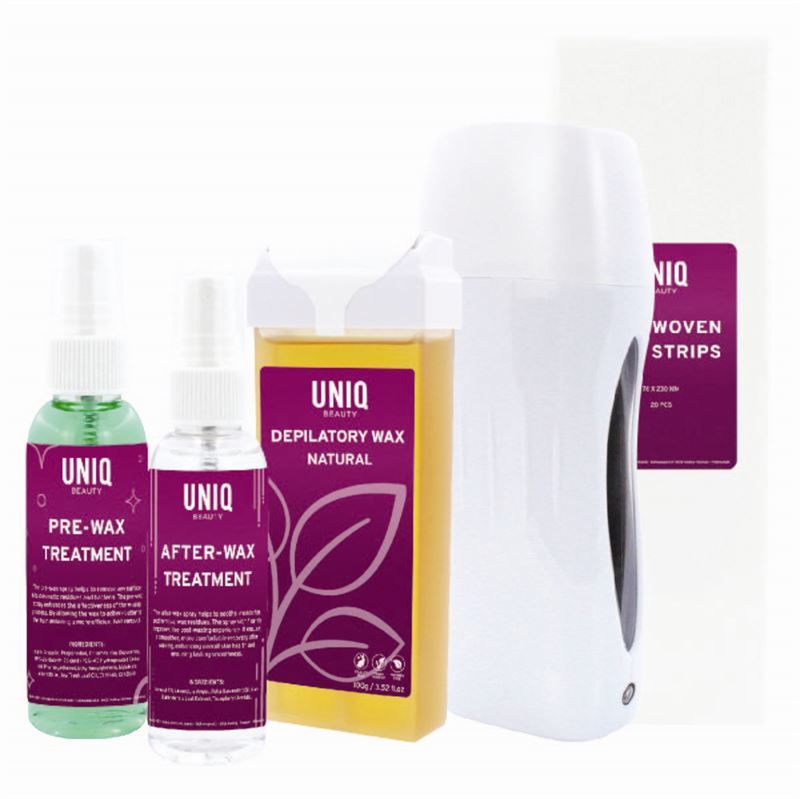 Set mit Wachs, Sprays und Wachsstreifen. Produkte mit UNIQ BEAUTY-Logo.