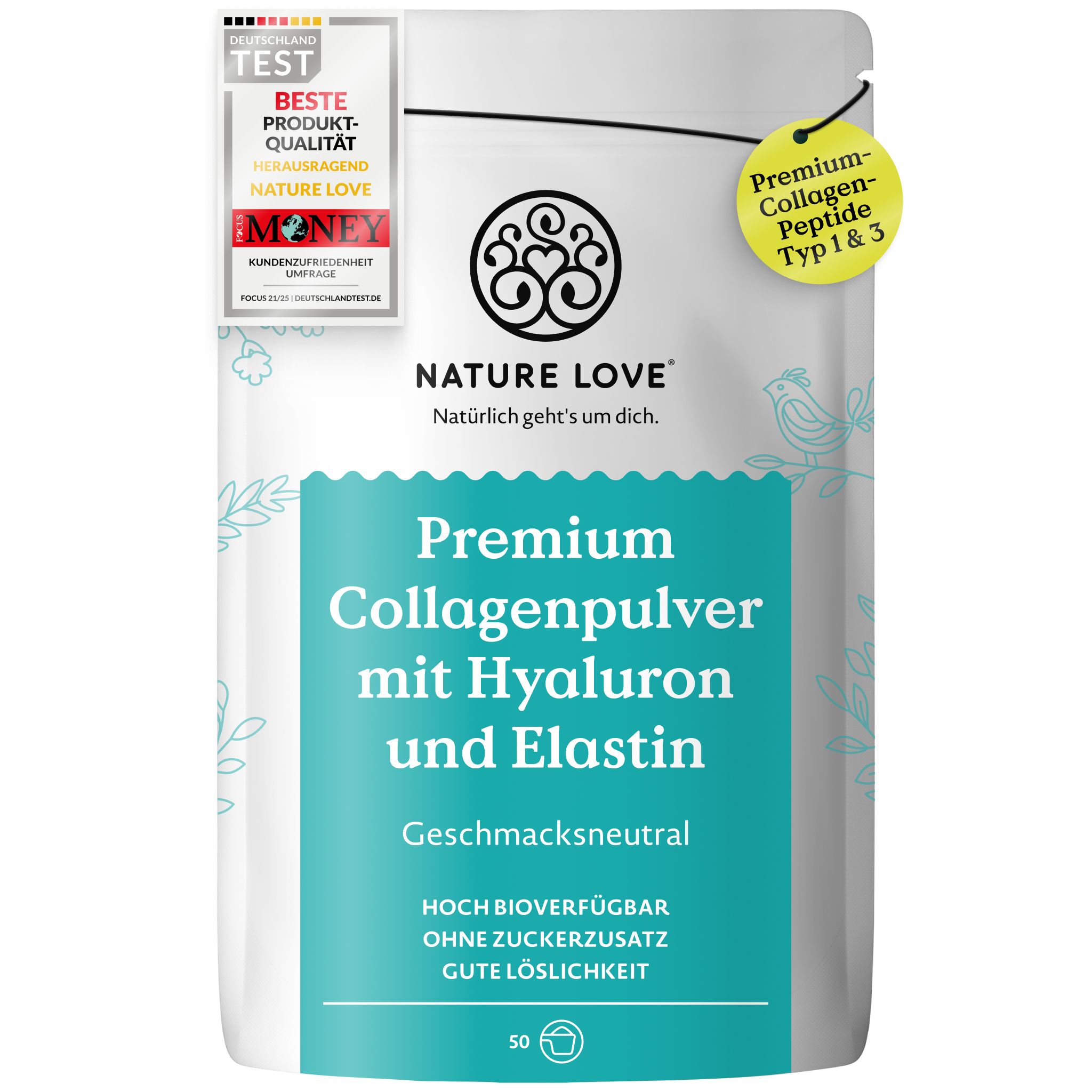 Verpackung mit NATURE LOVE Logo, Kollagenpulver mit Hyaluron und Elastin, Geschmacksneutral.
