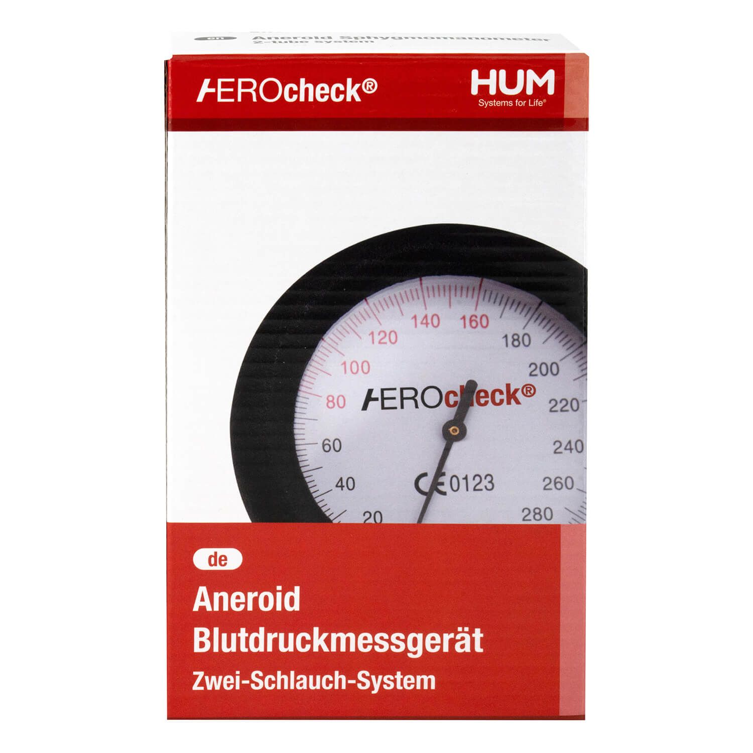 Verpackung von HUM AEROcheck® BDM1-S2. Roter Kasten mit Manometer-Abbildung und Text: "Aneroid Blutdruckmessgerät".